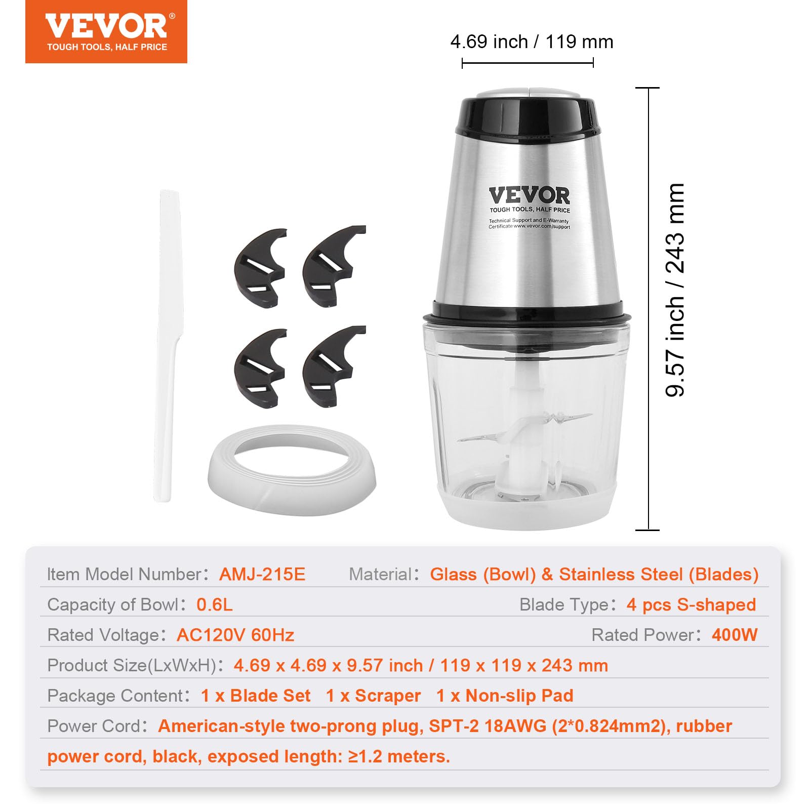VEVOR 400W Mini Electric Food Processor & Meat Grinder, 2-Speed Stainless Steel Blender for Baby Food, Vegetables, Onion, Meat - Perfect for Home Cooking, Meal Prep & Small Kitchen Appliances (2.5 Cup Capacity)