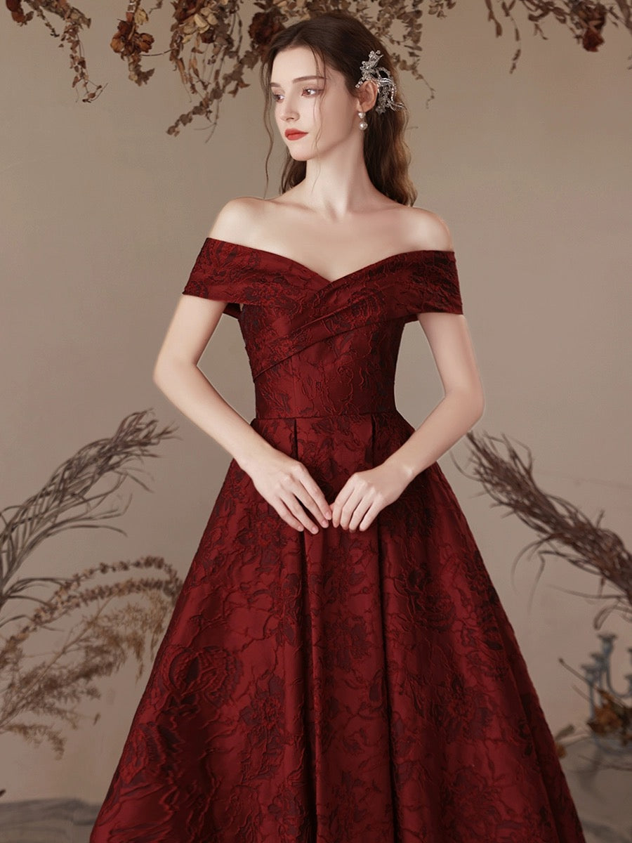 Elegant A-Line Off Shoulder Burgundy Satin Long Prom Dress for Formal Events - Perfect for Homecoming, Ball Gown & Evening Parties