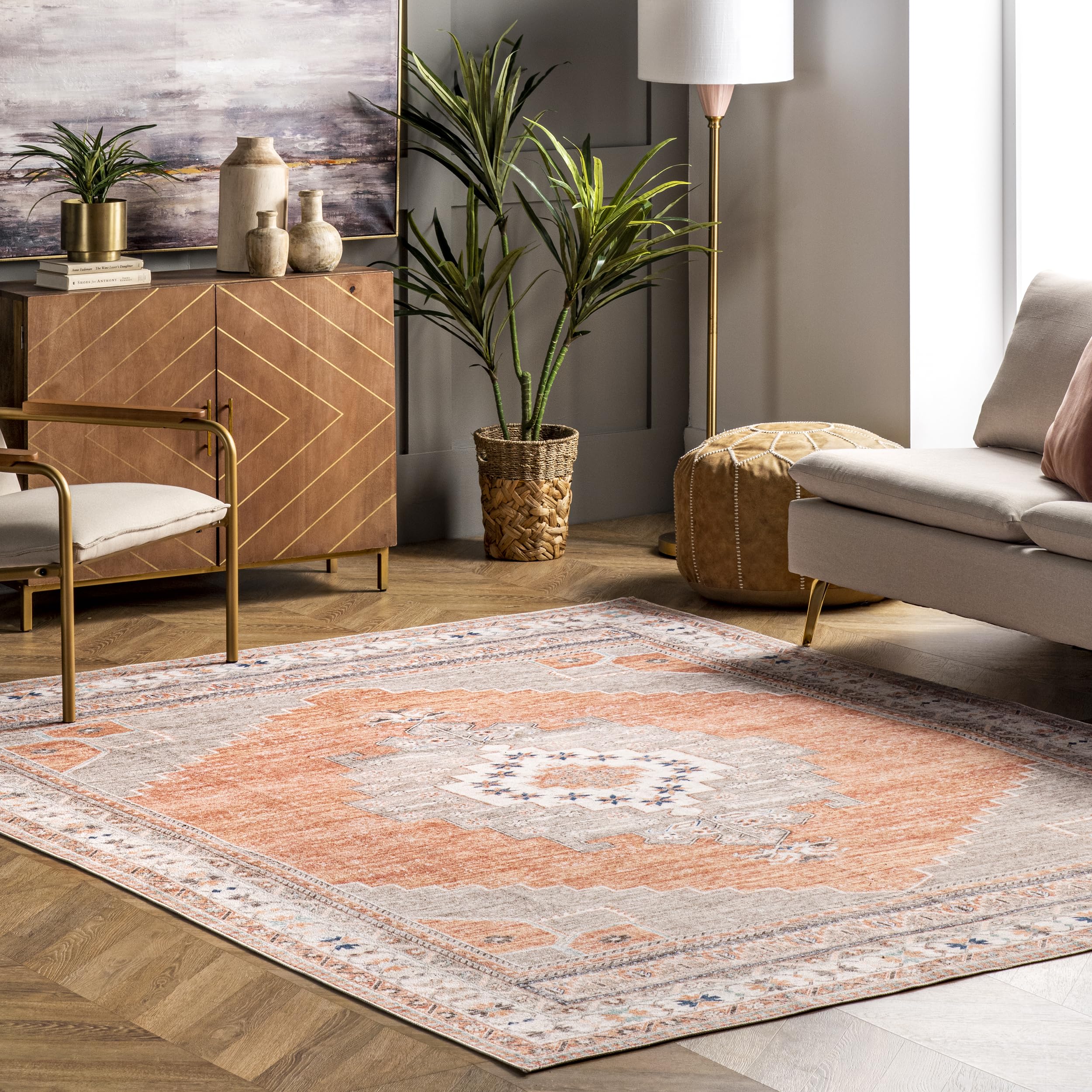 nuLOOM Alicia Machine Washable Medallion Ultra Thin Area Rug 8' x 10' Rust - Perfect for Living Room, Bedroom & Entryway Decor
