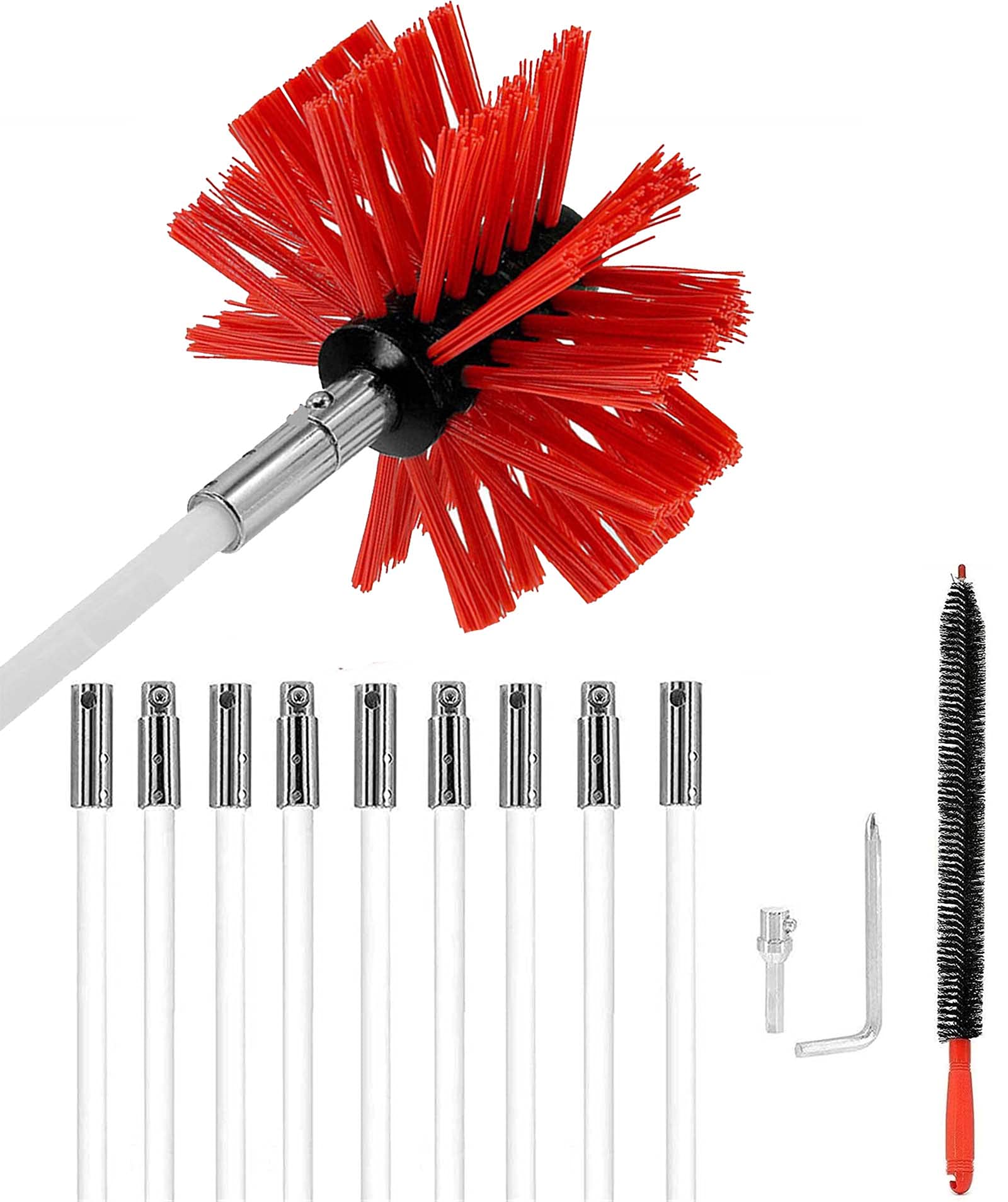 QDY Chimney Sweep Kit - 9/12/15 Flexible Rods with Brush Head | Rotary Drill Drive Fireplace Cleaning Kit (410mm, 9 Rods) | Perfect for Home Fireplace, Wood Stove & Chimney Maintenance
