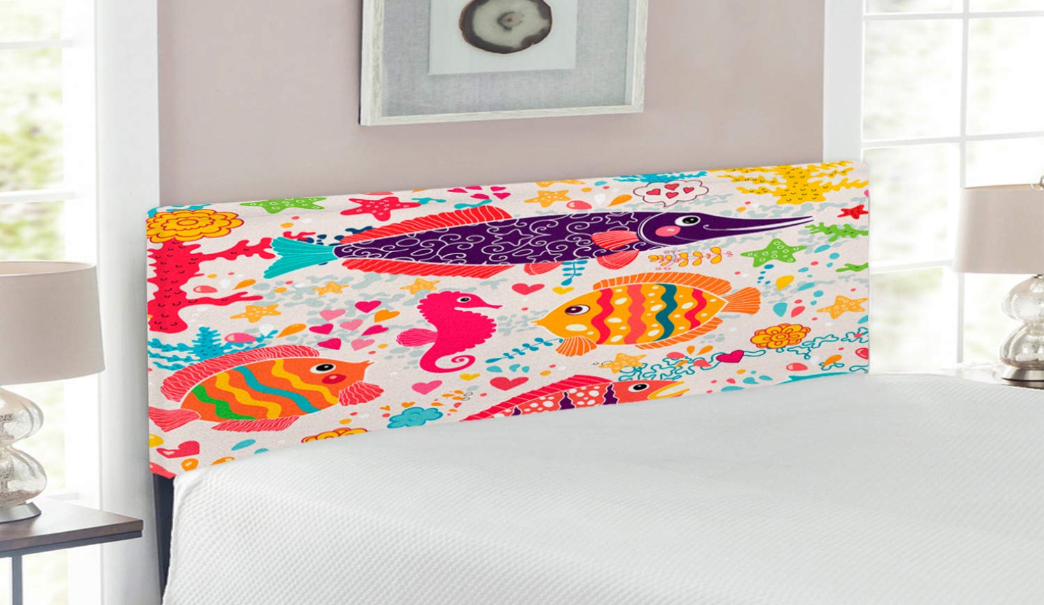 Ambesonne Sea Animals Upholstered Headboard - Queen Size Decorative Metal Bed Headboard with Memory Foam, Underwater Life Design Featuring Fish, Seahorse, Starfish & Dolphin - Perfect for Kids' Bedroom, Beach House Decor or Ocean Theme Nursery