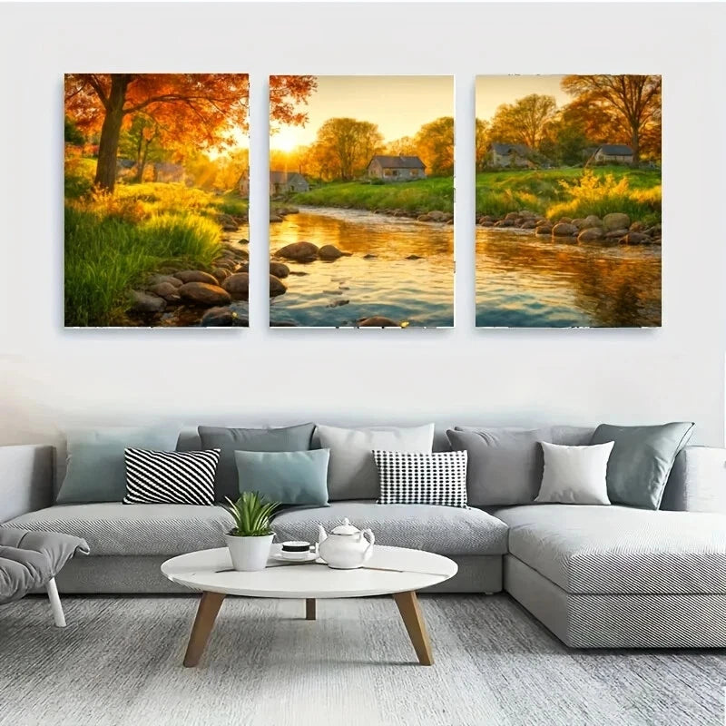 3-Piece Scenic River Landscape Metal Wall Art - Ready to Hang Home Decor for Living Room, Bedroom & Office