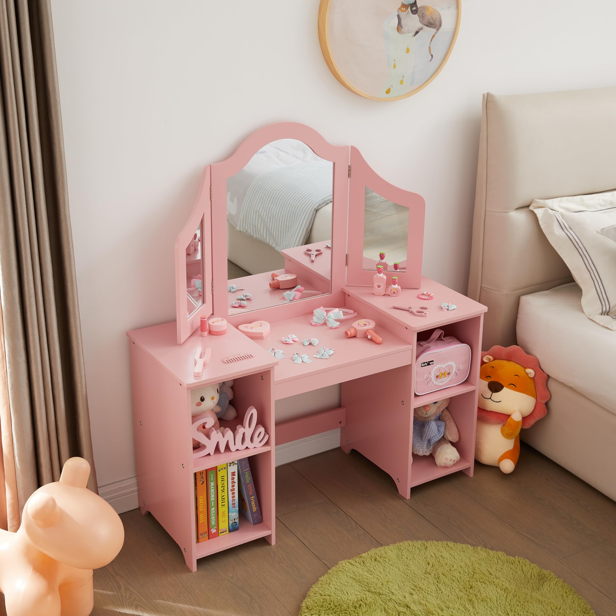 2 in 1 Kids Vanity & Princess Makeup Table with Open Storage Cabinet - Detachable Tri-fold Mirror, Pretend Play Dresser for Little Girls Age 3-9 (Pink) - Perfect for Birthday Gifts, Bedroom Decor & Role Play Activities