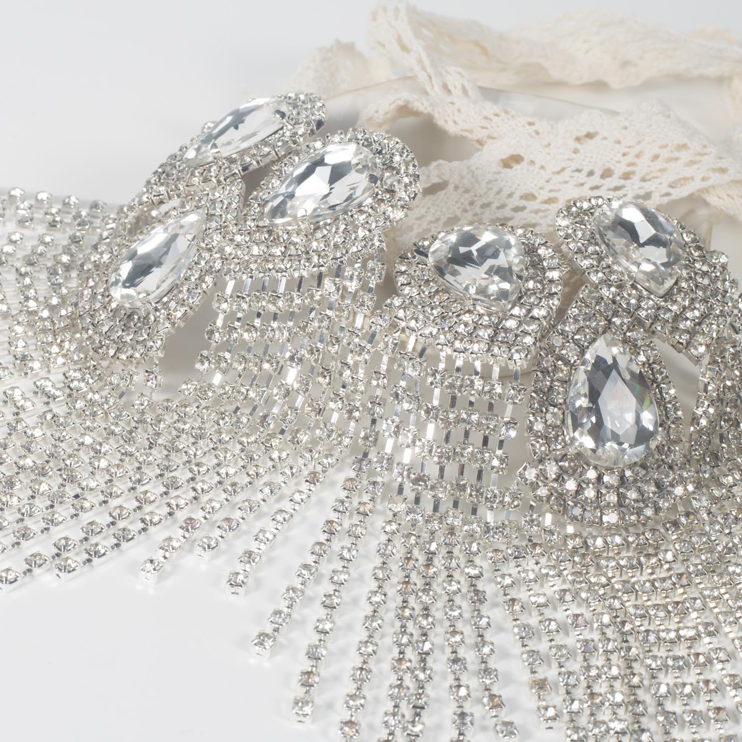 2 Pcs Silver Crystal Fringe Shoulder Epaulettes - Waterdrop Design Rhinestone Tassel Appliques for Women's Fashion Clothing & Accessories | Perfect for Evening Dresses, Costumes & Party Outfits
