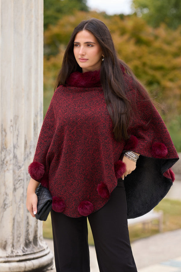 Cozy Faux Fur Poncho with Pom Pom Trim - Women's Winter Cape Shawl for Outdoor & Indoor Wear