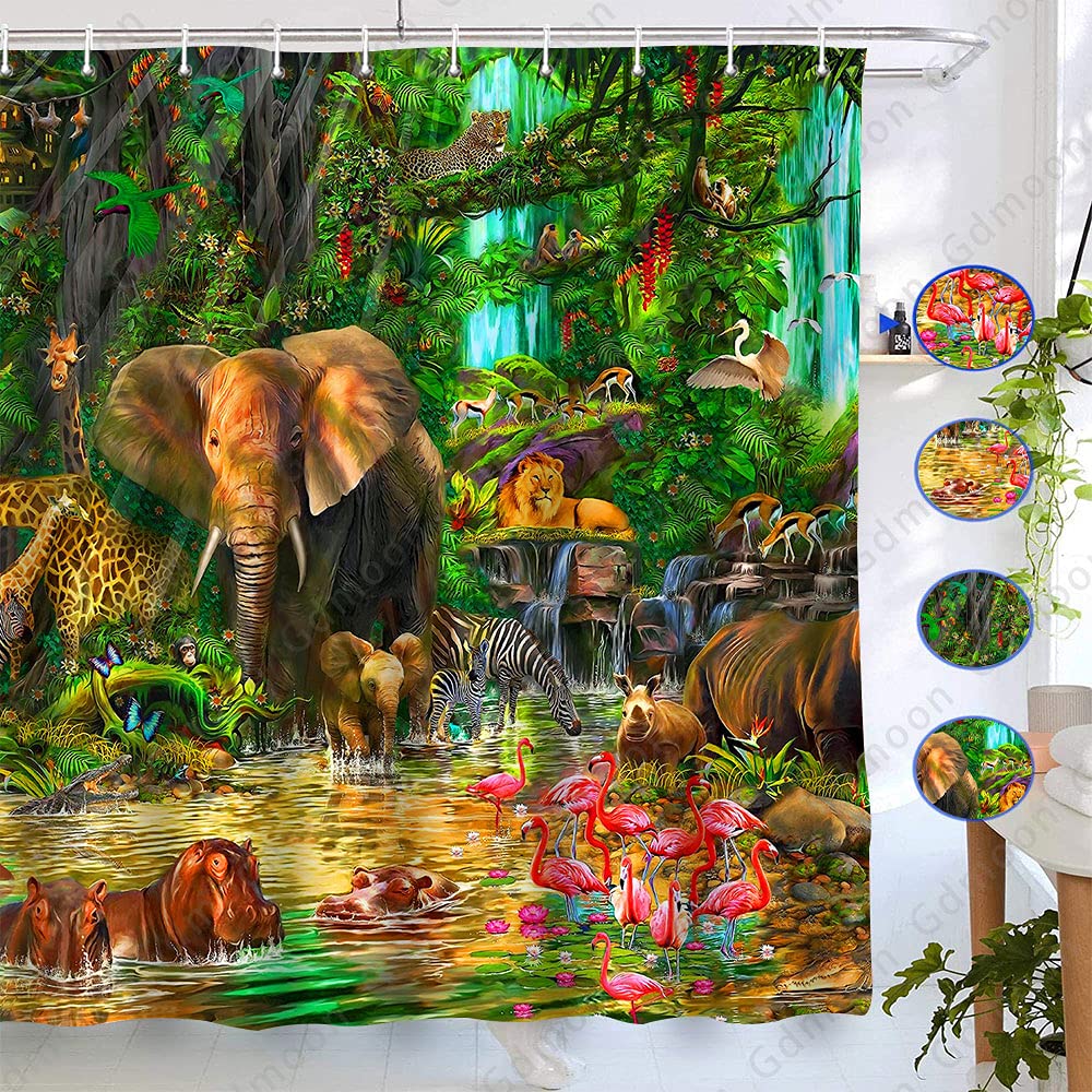 Forest Animal Shower Curtain - Waterproof 72x72 Inch Rainforest Jungle Bath Curtain with 12 Hooks, Featuring Giraffe Elephant Leopard Tropical Safari Design for Kids & Adults - Perfect for Bathroom Decor, Nursery, and Jungle Theme Parties