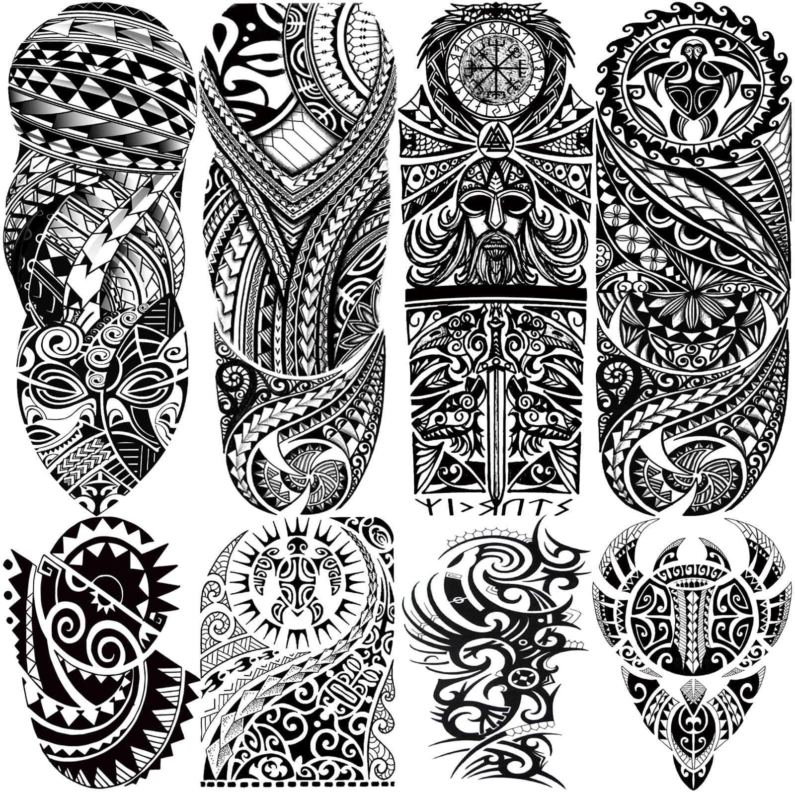 Tribal Totem Temporary Tattoo Sleeves for Men & Women - 4 Full Arm Hawaiian Viking Tattoos & 4 Polynesian Turtle Half Sleeve Stickers - Perfect for Costume Parties, Festivals, and Themed Events