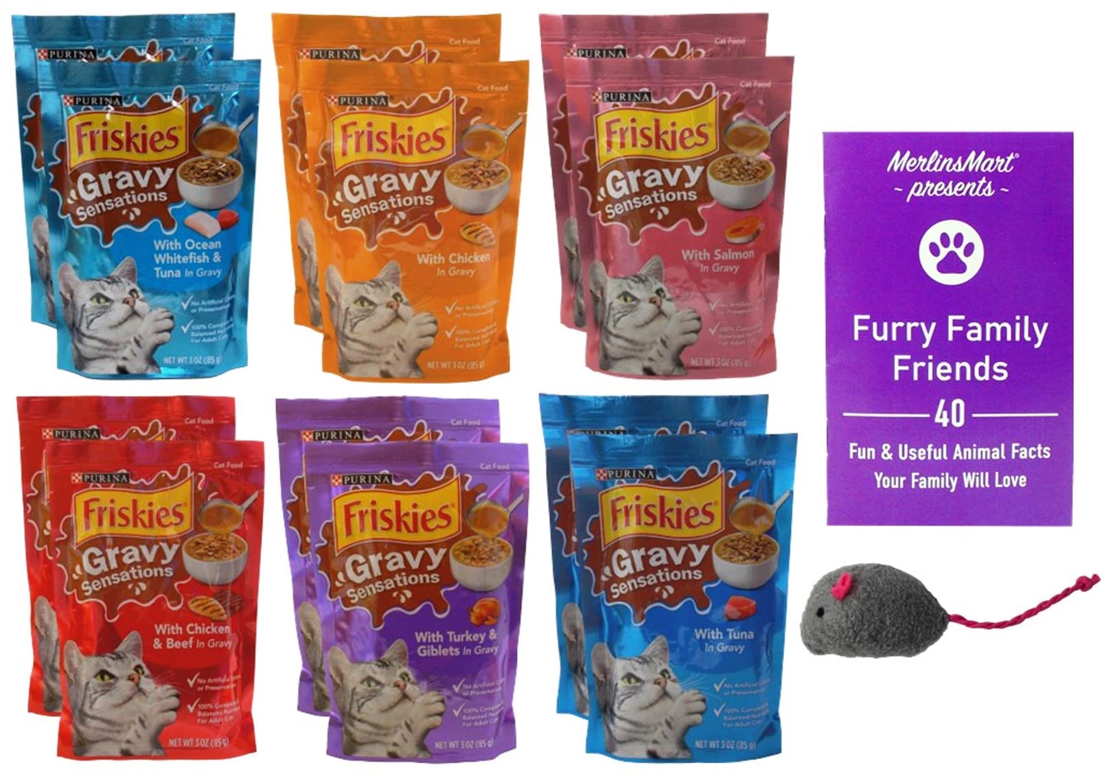 Purina Friskies Gravy Sensations Wet Cat Food Variety Pack - 12 Pouch (6 Flavors: Ocean Whitefish & Tuna, Chicken, Salmon, Chicken Beef, Turkey Giblets, Tuna) 3oz Each with Free Toy & Fun Facts Booklet - Perfect for Mealtime Excitement and Picky Eaters