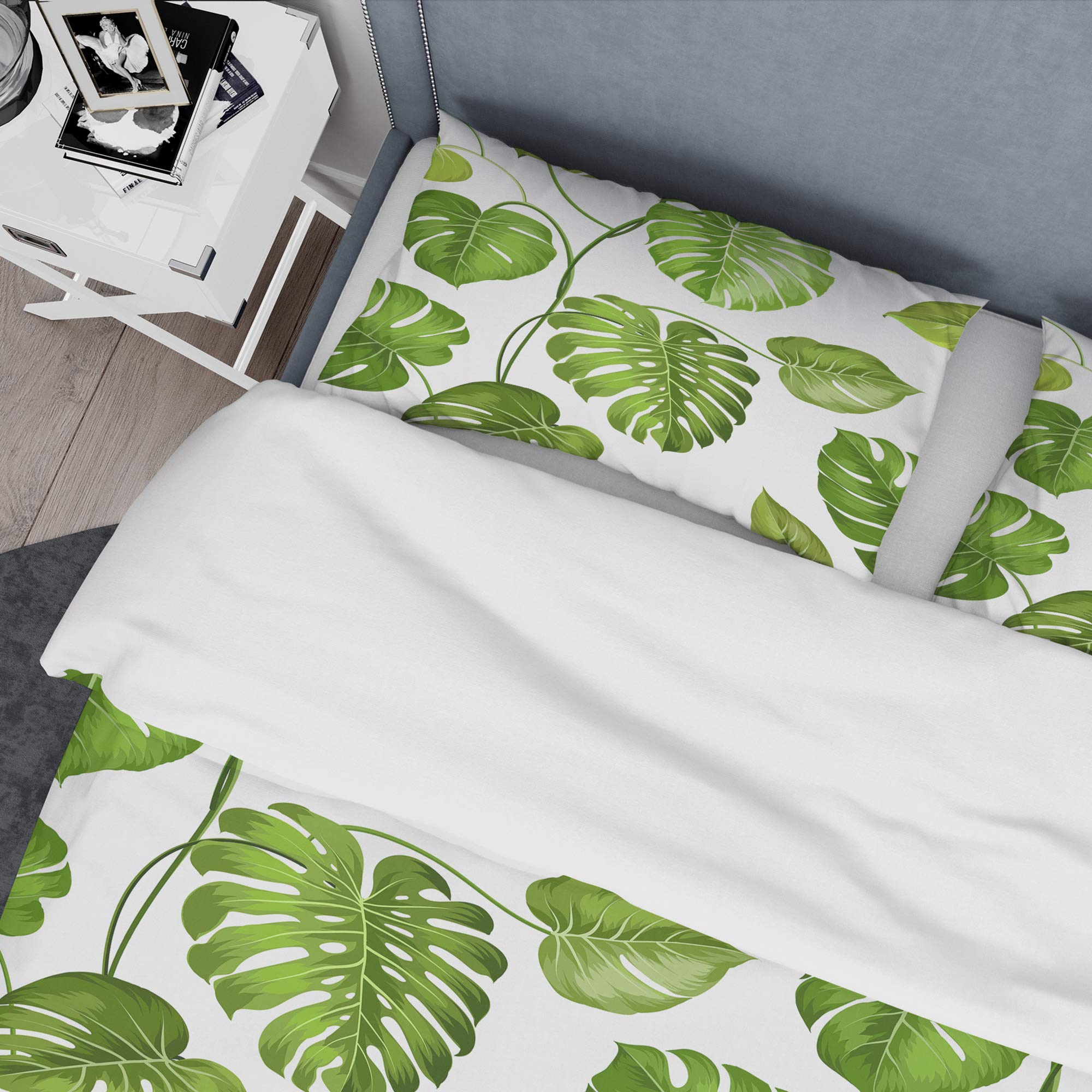 Tropical Palm Leaves Mid-Century Modern Duvet Cover Set - Queen Size 3-Piece Bedding in Green | All Season Luxury Bed Sheets for Master Bedroom & Guest Room Decor
