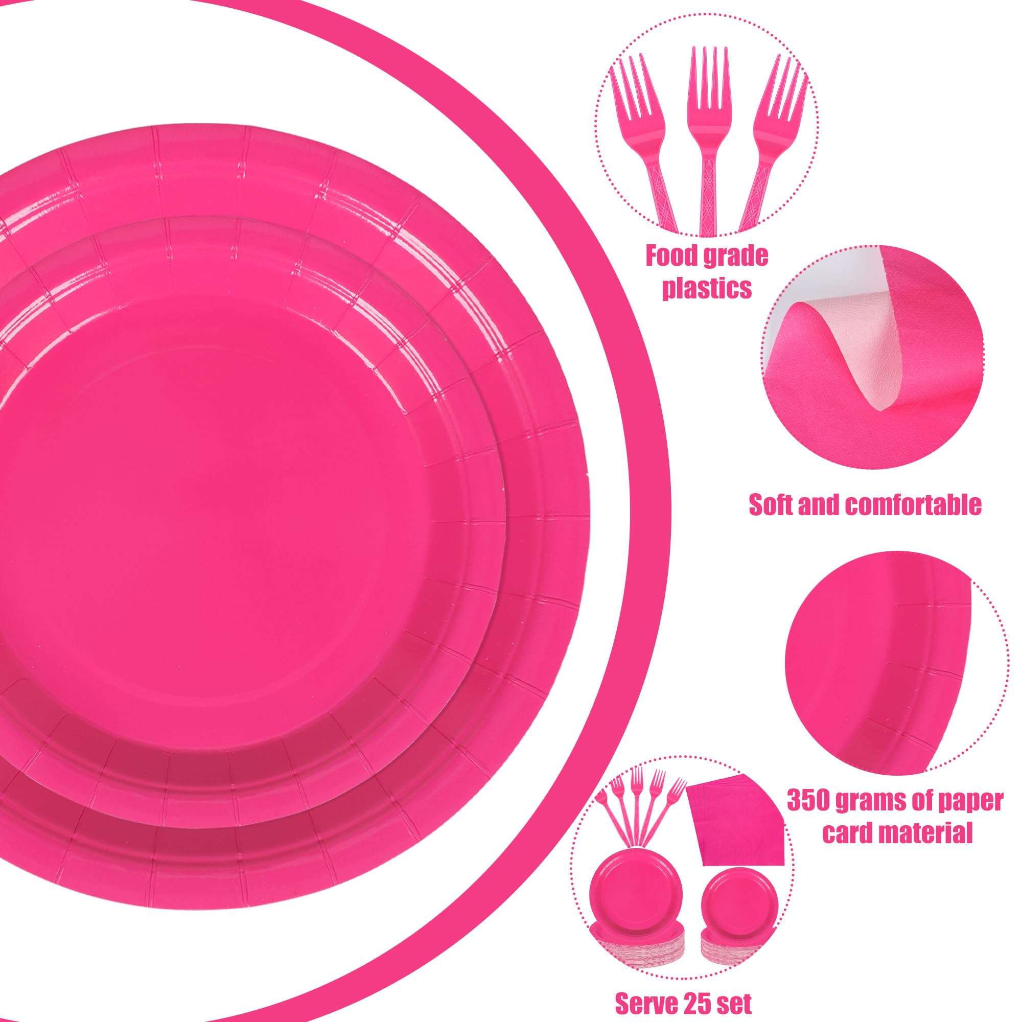100-Pack Hot Pink Disposable Paper Plates & Napkins Set - Elegant Party Tableware for Weddings, Birthdays, Bridal & Baby Showers - Serves 25 Guests (Perfect for Indoor/Outdoor Celebrations & Themed Events)