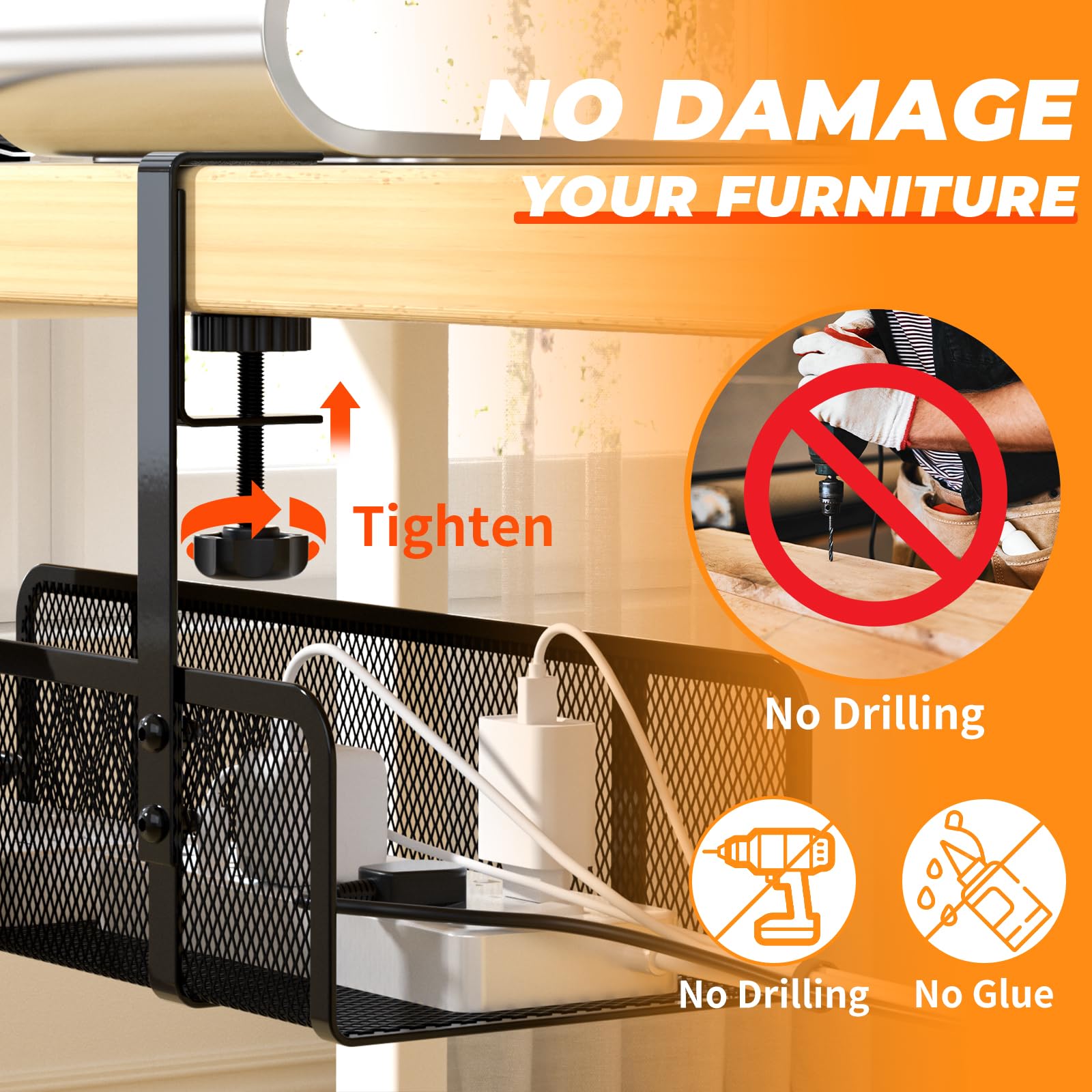 Under Desk Cable Management Tray - No Drill Wire Organizer Box for Office & Home - Cord Hider with No Damage Installation - Perfect for Computer, Gaming & Workspace Setup