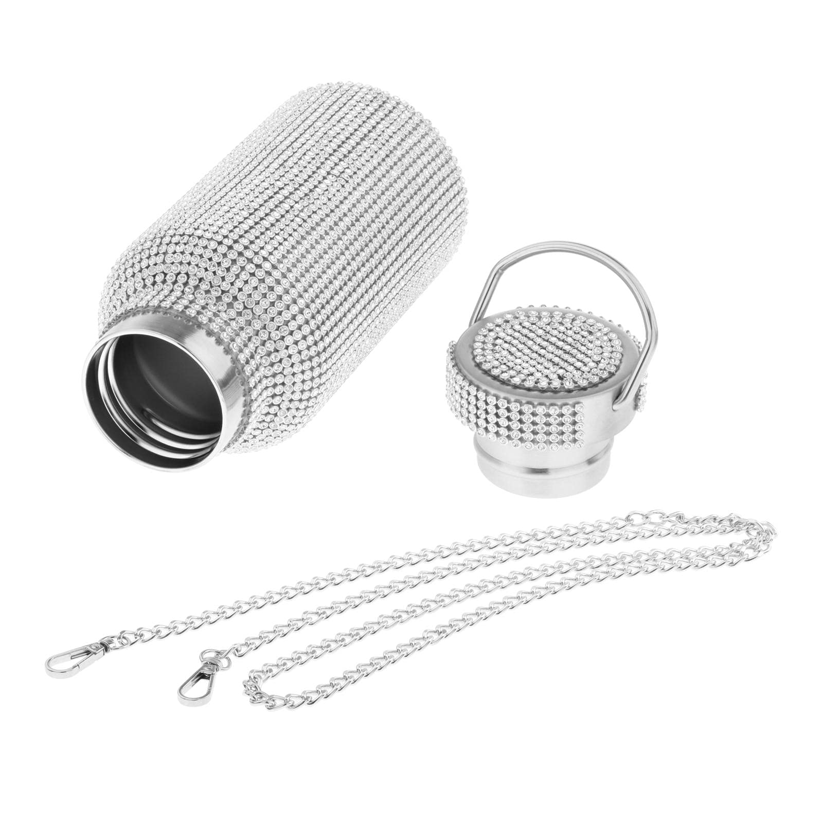 FAKEME Insulated Stainless Steel Water Bottle with Chain - 350ML Bling Diamond Design, Reusable & Leak Proof for Women, Travel, Gym, Office - Keeps Drinks Hot/Cold for Hours