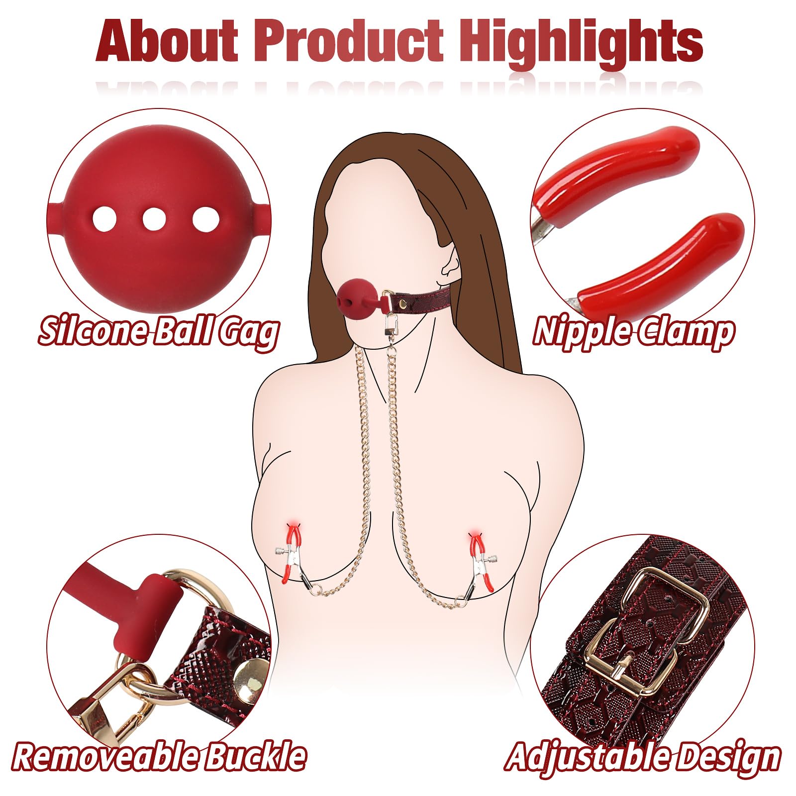 Premium BDSM Bondage Restraints Kit - Adjustable Leather Thigh, Wrist & Ankle Cuffs with Silicone Ball Gag, Nipple Clamps & Red Handcuffs for Couples - Sensual Adult Toys for Spicing Up Bedroom Play & SM Roleplay Games