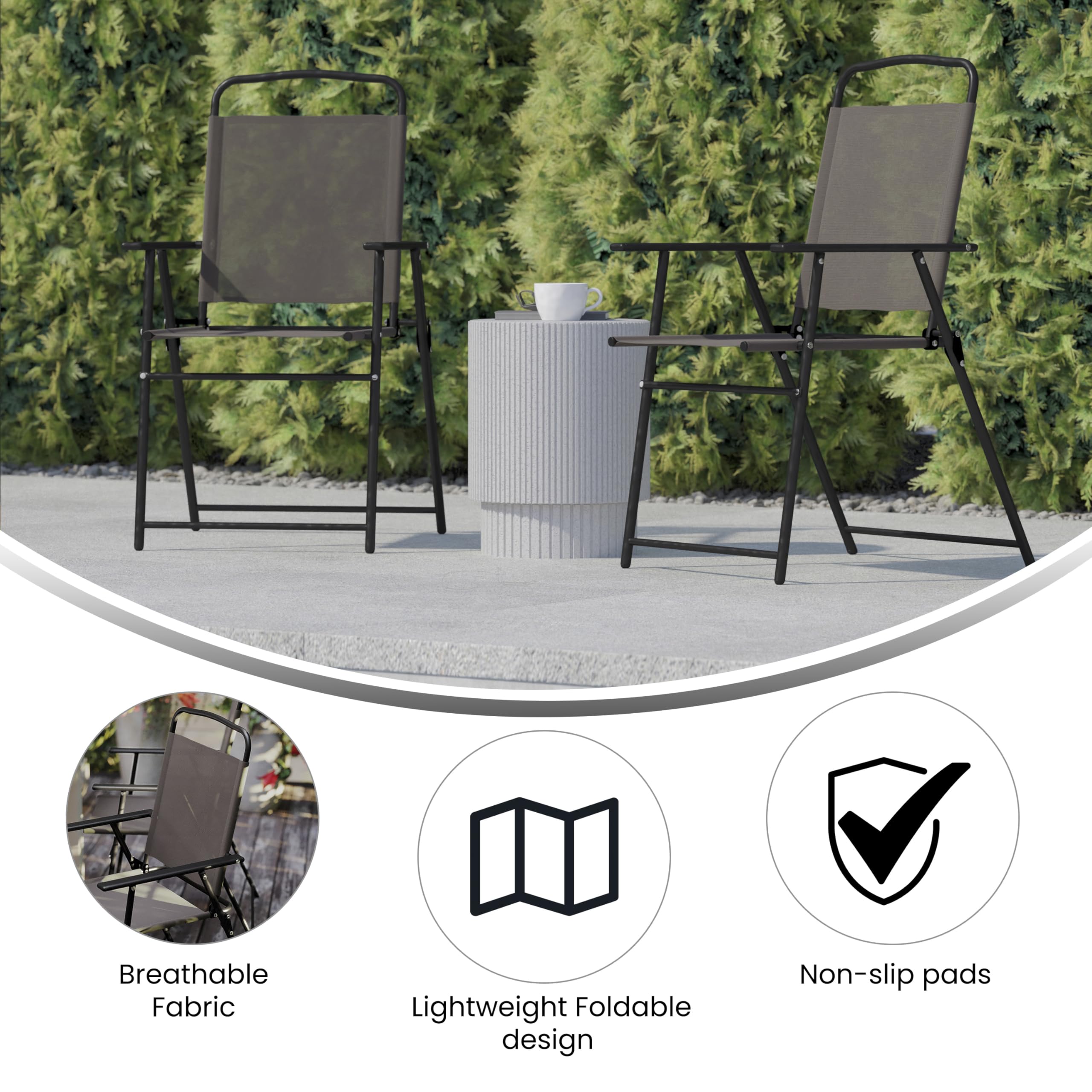 Flash Furniture Mystic Folding Patio Sling Chairs - Set of 2 Brown Textilene Outdoor Lawn Chairs with Armrests | Perfect for Backyard, Poolside & Garden Relaxation