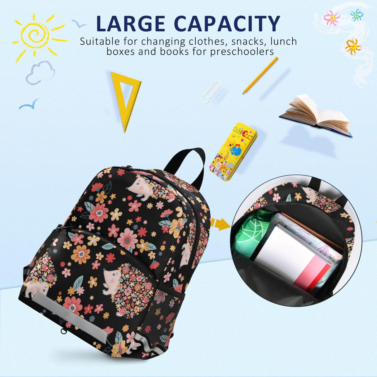 ZENWAWA Floral Hedgehog Toddler Backpack with Safety Leash - Cute Mini School Bag for Nursery & Kindergarten Kids (10.9×5.9×12.9 IN) - Perfect for Daycare, Preschool & Travel Accessories