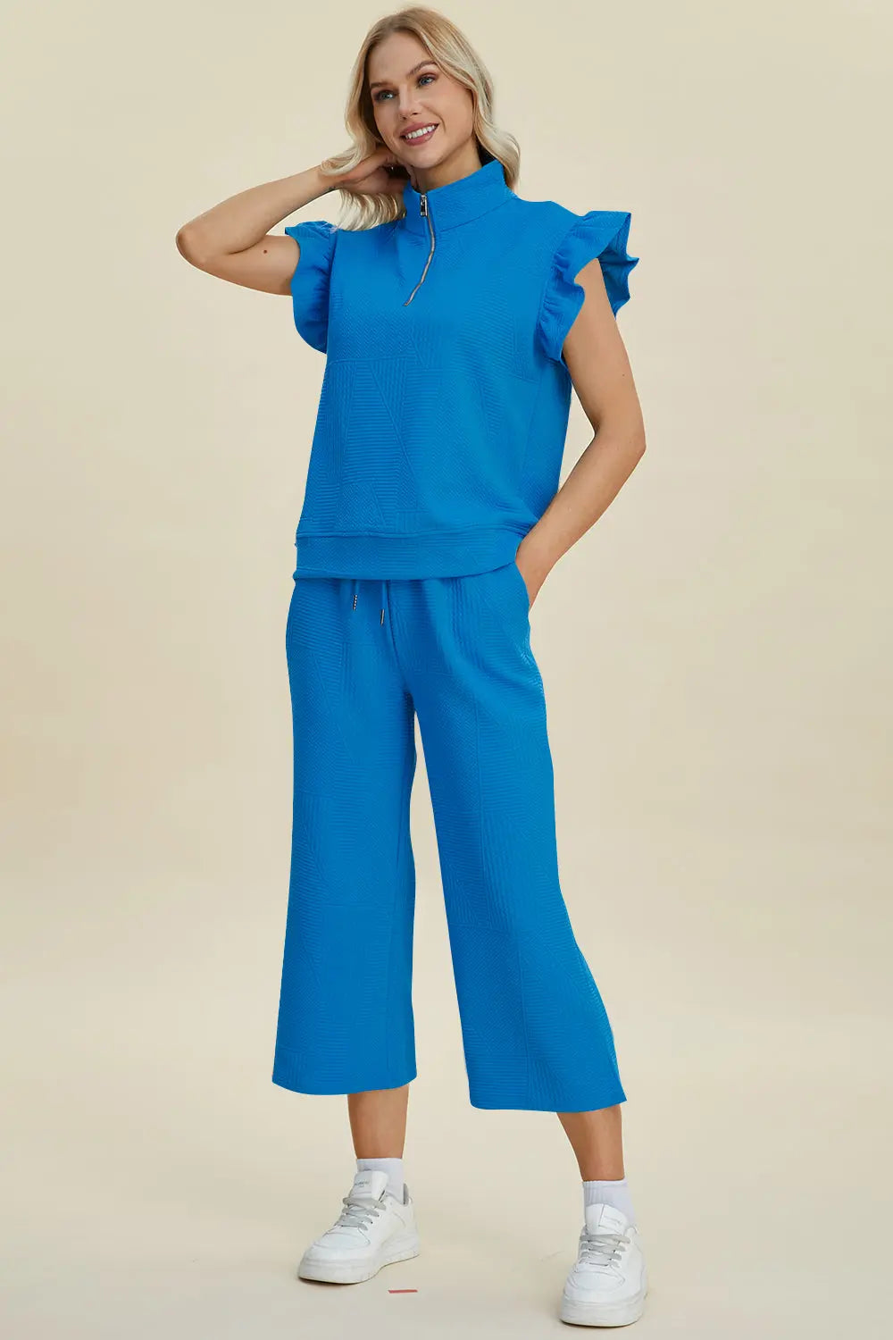 Double Take Women's Full Size Textured Ruffle Short Sleeve Top & Wide Leg Pants Set | Casual Outfit for Summer, Beach, Date Night & Office Wear