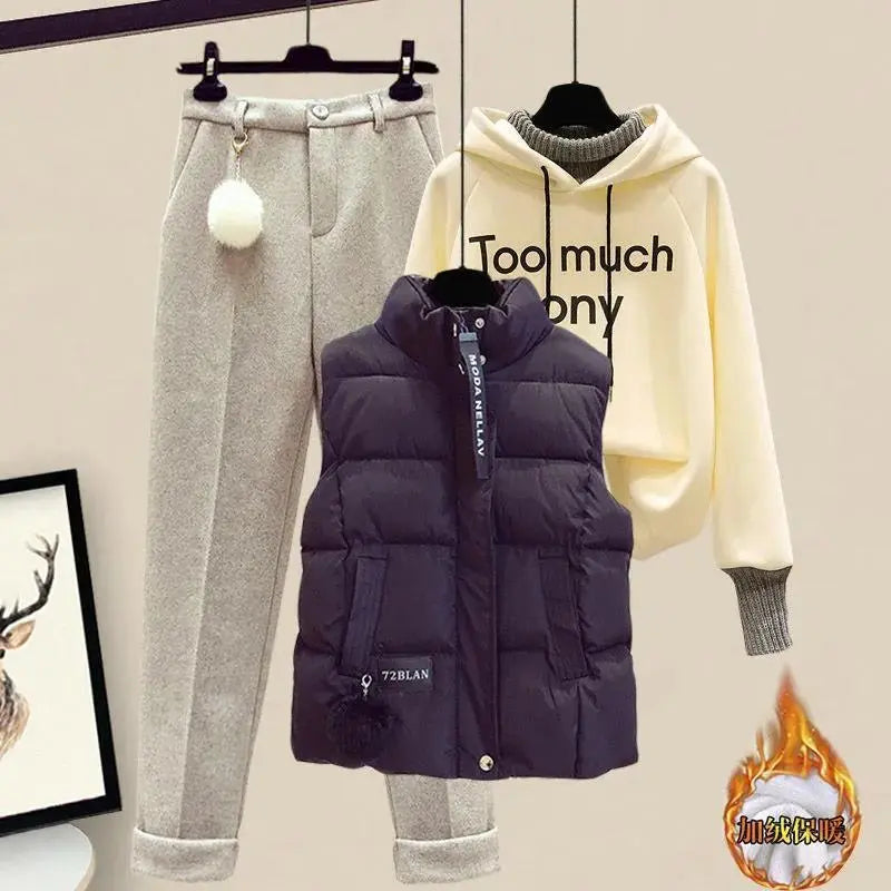 Stylish Women's 3-Piece Winter Outfit - Korean Thickened Hoodie, Casual Cotton Tank Top & Flocked Pants Set | Perfect for Sports, Travel & Daily Wear