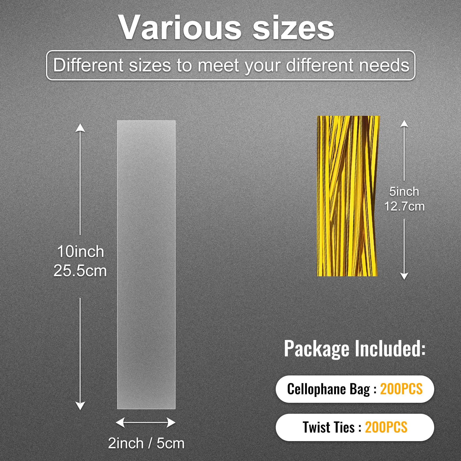 200pcs Clear Pretzel Rod Bags - 2X10 Cellophane Candy Treat Bags with Ties for Party Favors, Goodie Bags, Cake Pops & Gift Wrapping - Perfect for Birthday Parties, Baby Showers & Holiday Treats