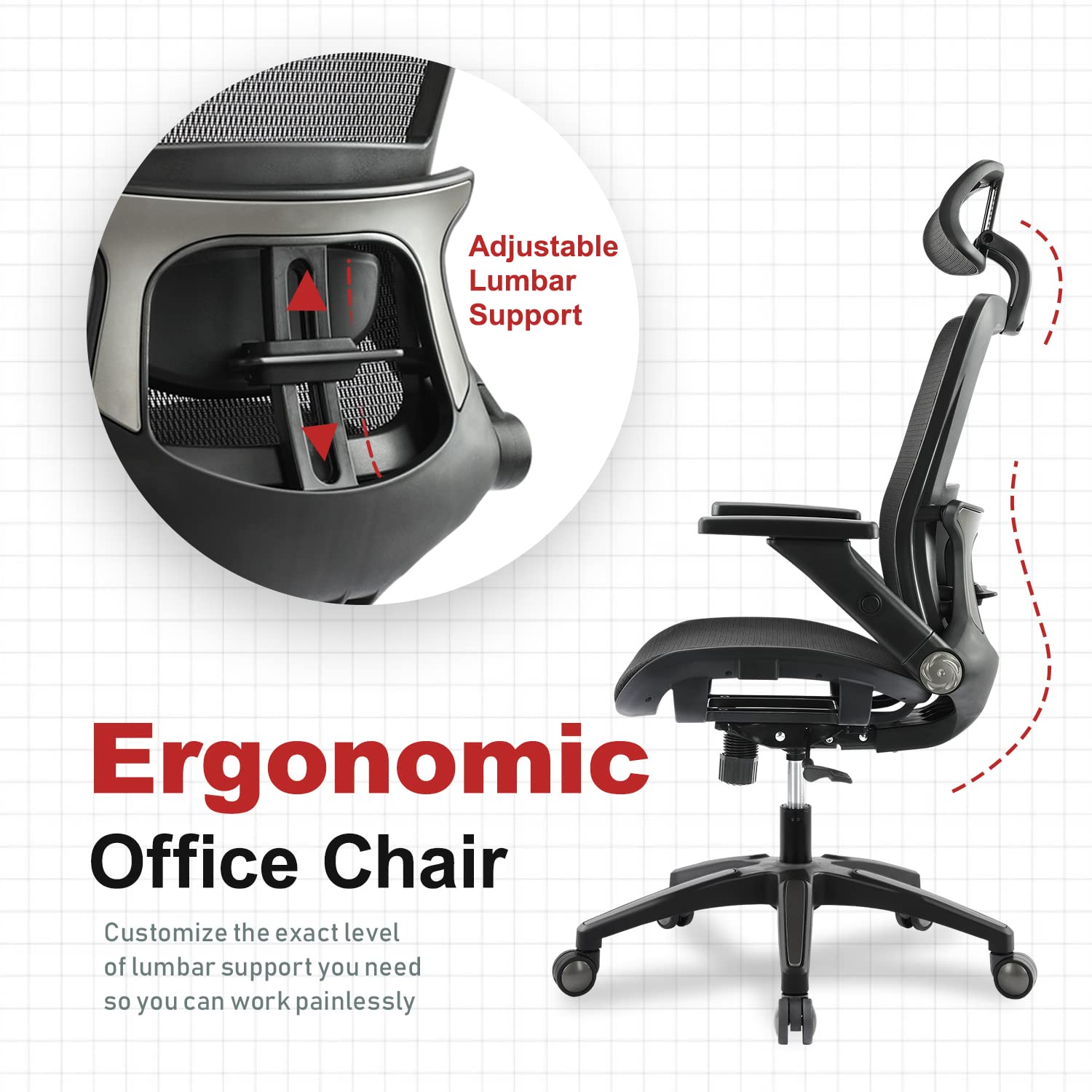 Ergonomic Mesh Office Chair with High Back, 3D Adjustable Armrests, Lumbar Support & Headrest - Black - Perfect for Home Office, Gaming & Computer Workstations