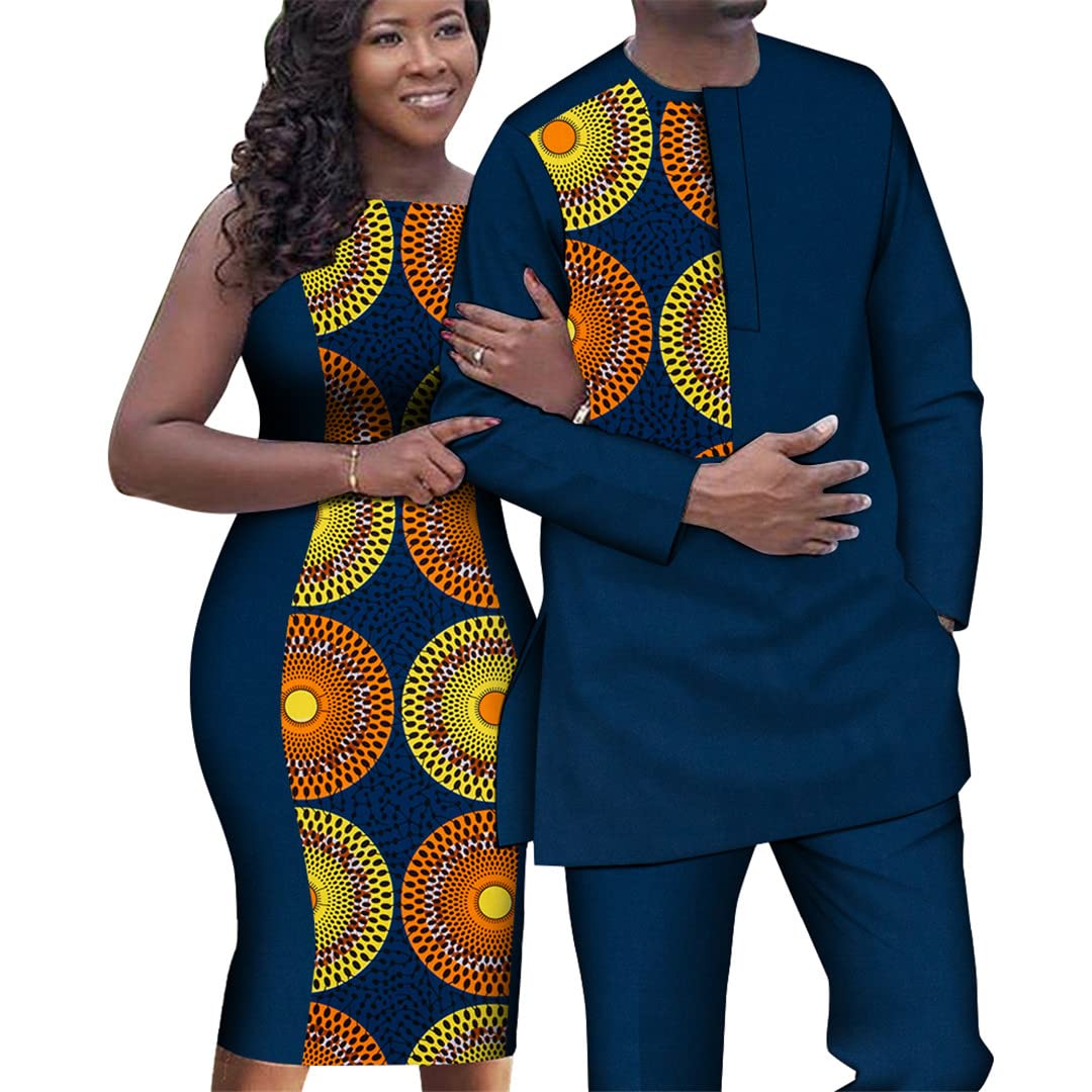 African Couple Outfits Matching Set - Women's Sleeveless Slime Dress & Men's Dashiki Shirt with Pants - 11 Colors - Perfect for Weddings, Anniversaries & Cultural Celebrations
