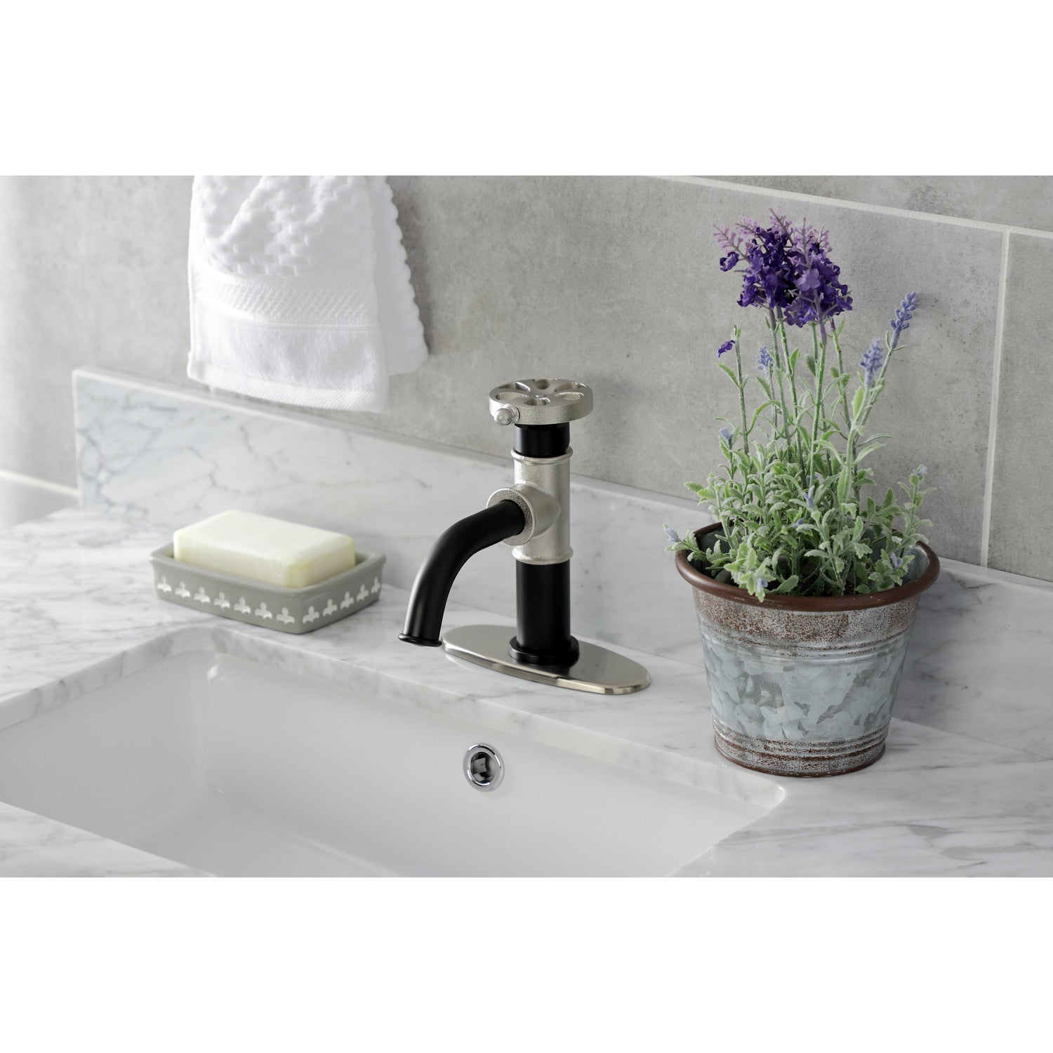 Belknap KSD2828RX Single Handle Bathroom Sink Faucet with Deck Plate & Push Pop-Up Drain - Matte Black/Brushed Nickel Finish - Perfect for Modern Bathroom Renovations and Small Space Installations