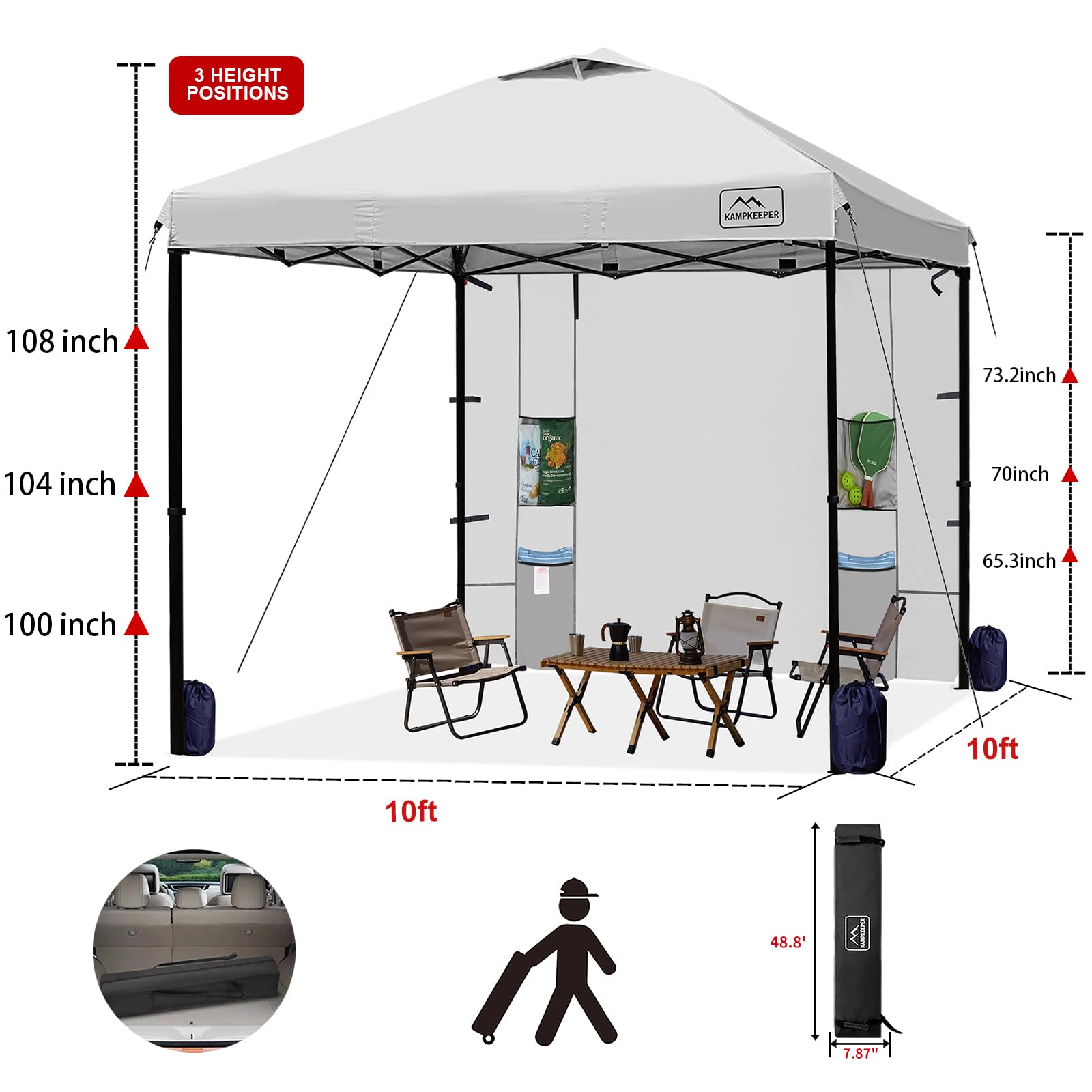 KAMPKEEPER 10x10 Pop Up Canopy Tent with Storage Pockets & Sidewalls - Easy Setup Sun Shelter with Vented Roof, UV & Rain Protection for Camping, Beach, Backyard, Picnics, Tailgating and Outdoor Events (White)