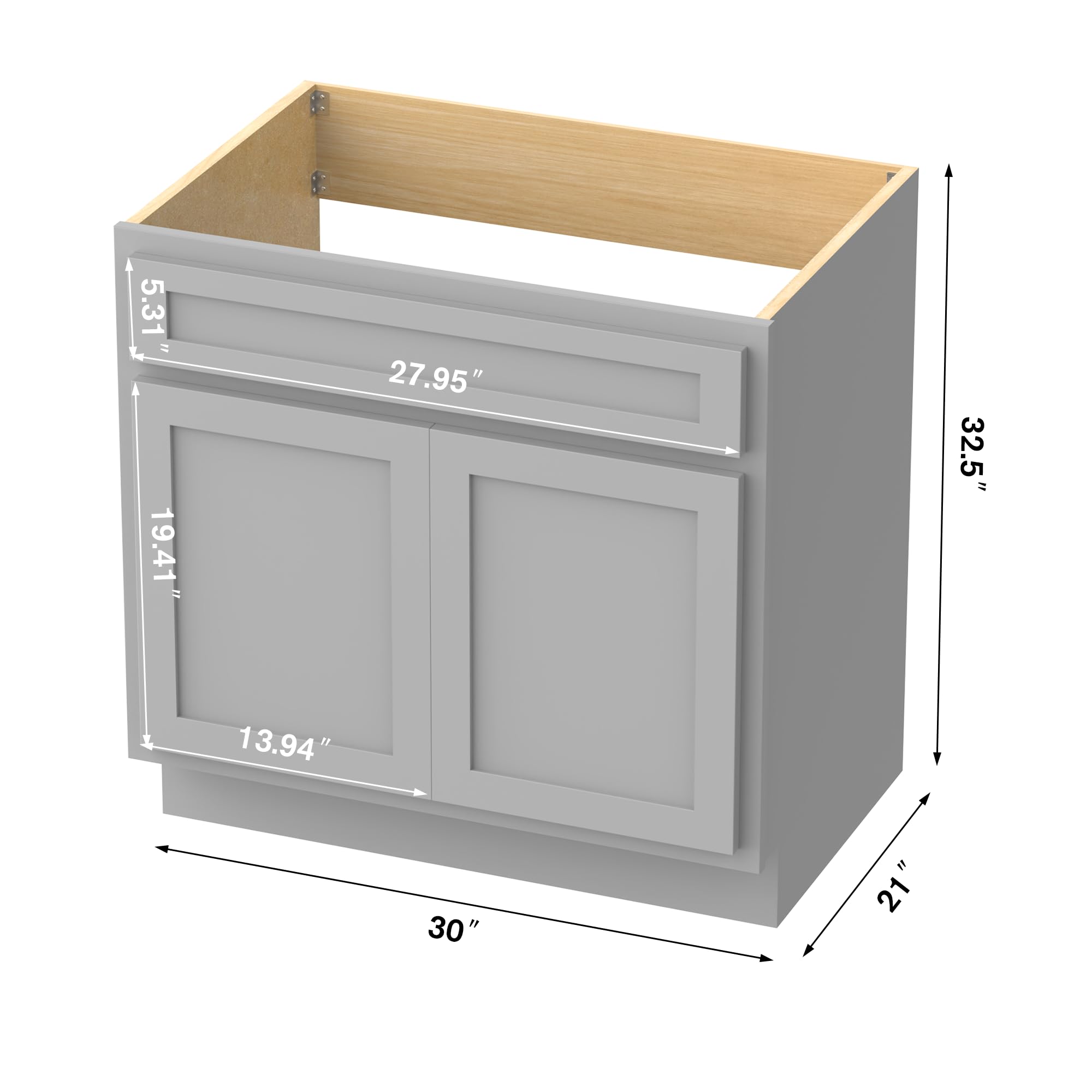 Vanity Art 30 Inch Double Shutter Door Bathroom Vanity Base Cabinet with Soft Closing Shaker Drawer - Sturdy Floor Mount Storage Organizer for Bathroom, Bedroom, Living Room & Kitchen (VA4030G) - Perfect for Small Space Organization and Modern Home Decor