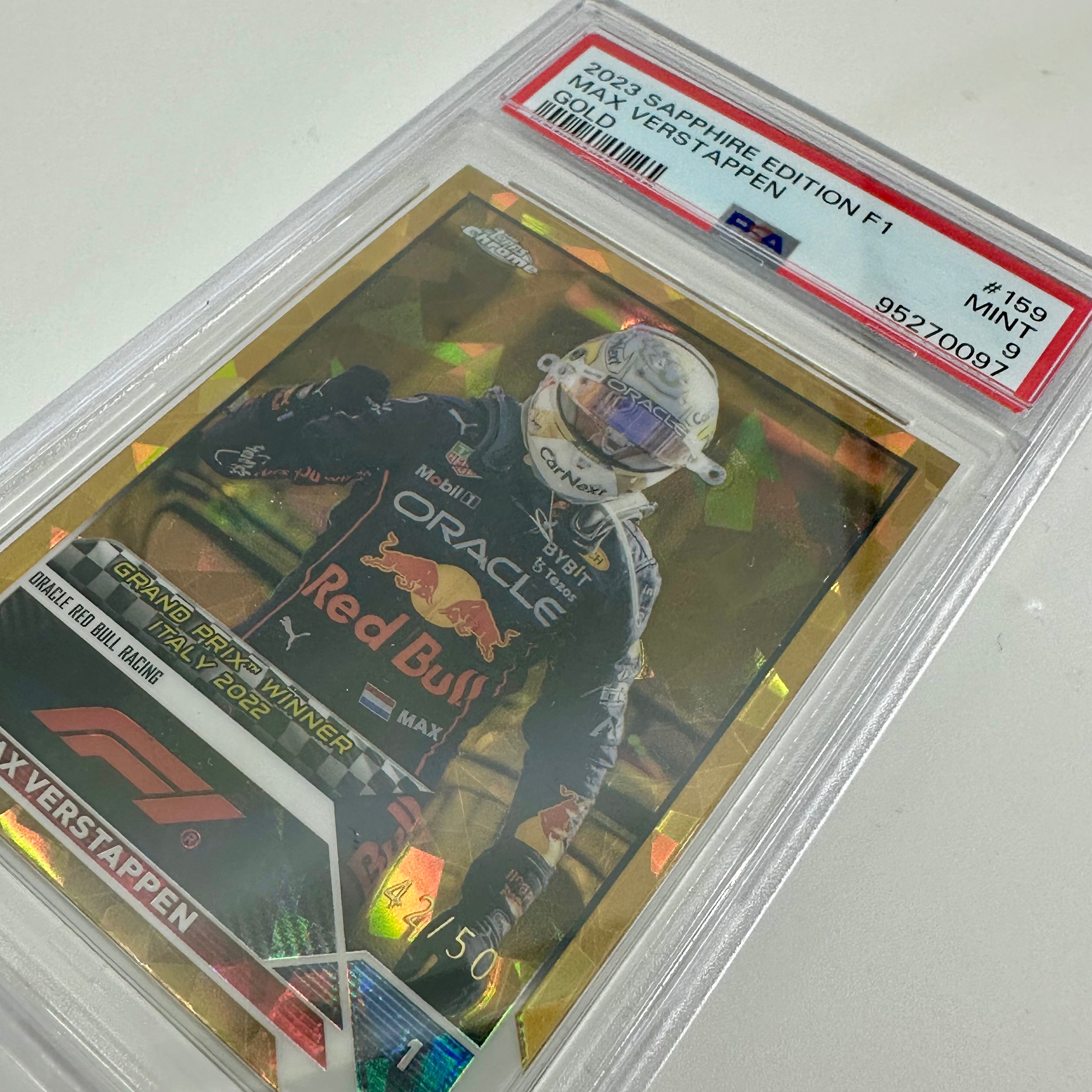 2023 Topps Chrome Max Verstappen #159 PSA 9 42/50 Sapphire Gold Parallel - Rare Racing Collectible for F1 Fans & Sports Card Investors