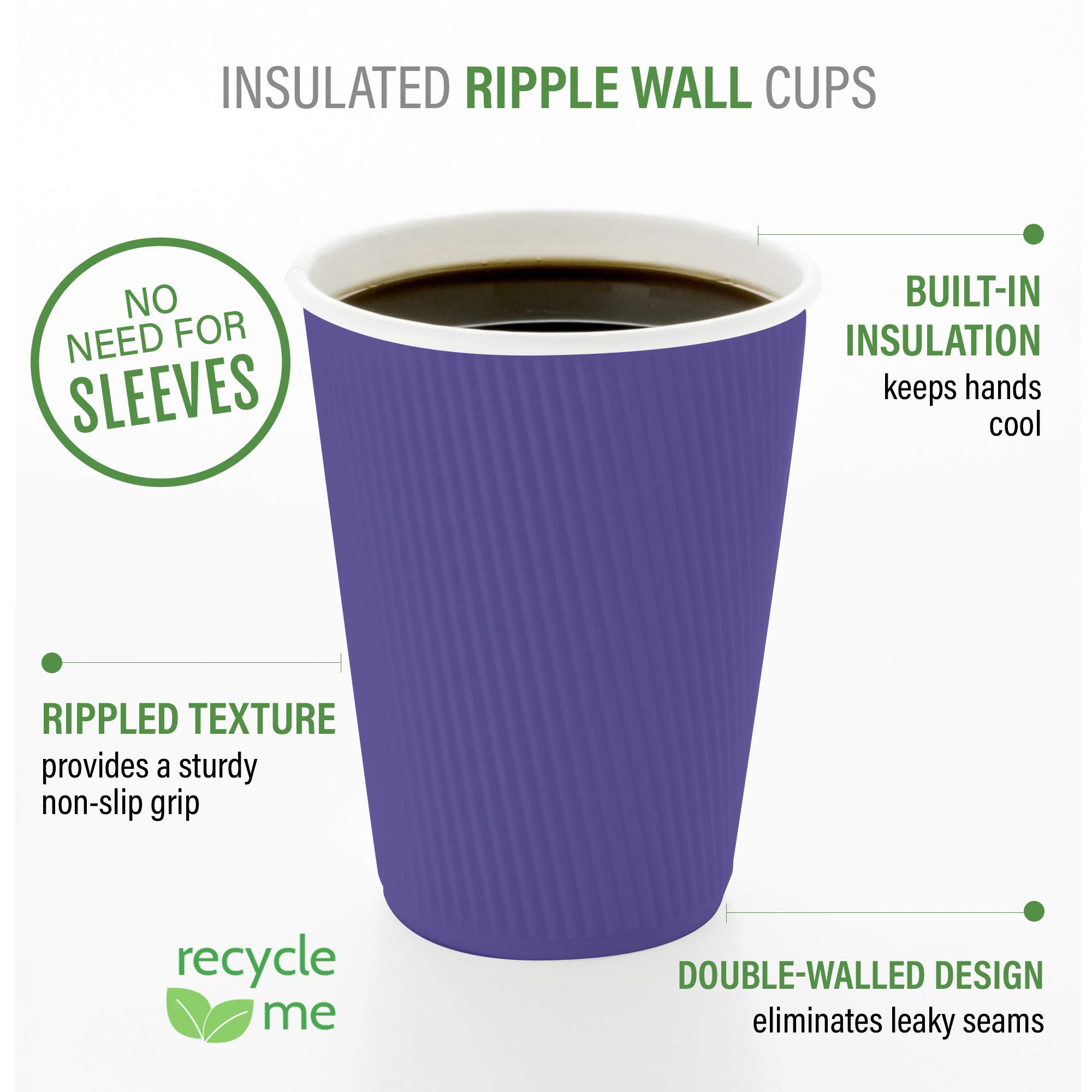 12oz Disposable Paper Coffee Cups (25 Pack) - Leakproof & Insulated Ripple Wall Hot Cups, Recyclable & Eco-Friendly, Royal Purple - Perfect for Coffee Shops, Offices, and Catering Events - Lids Sold Separately