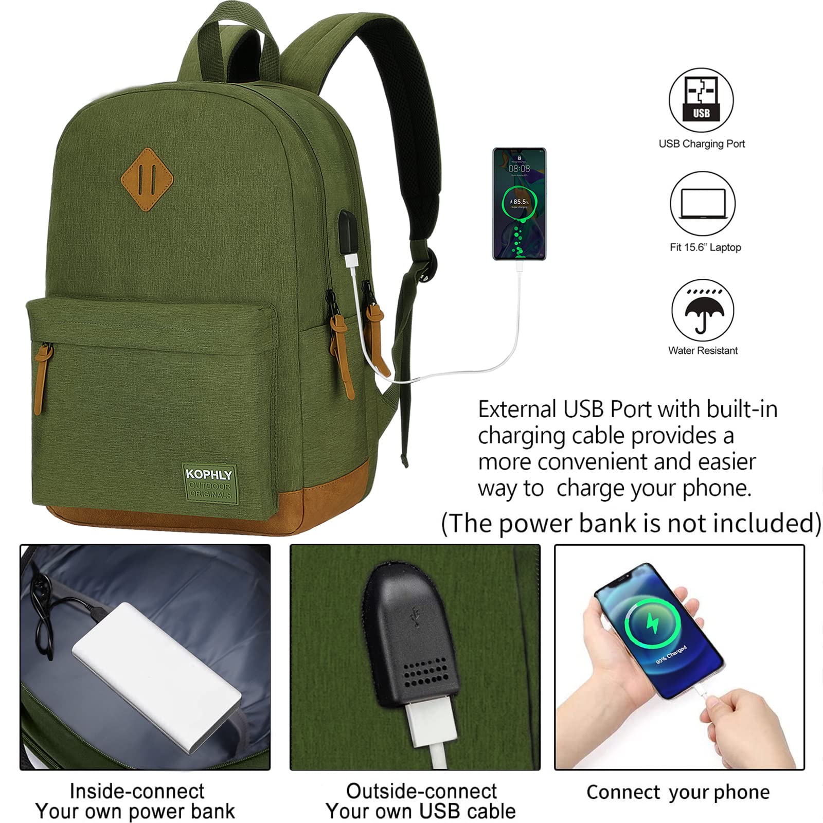 SUPACOOL Lightweight Laptop Backpack with USB Charging Port - Water-Resistant College Backpack for Men & Women - Work, Travel & Everyday Use - Olive & Brown - Perfect for Commuting, Business Trips & School