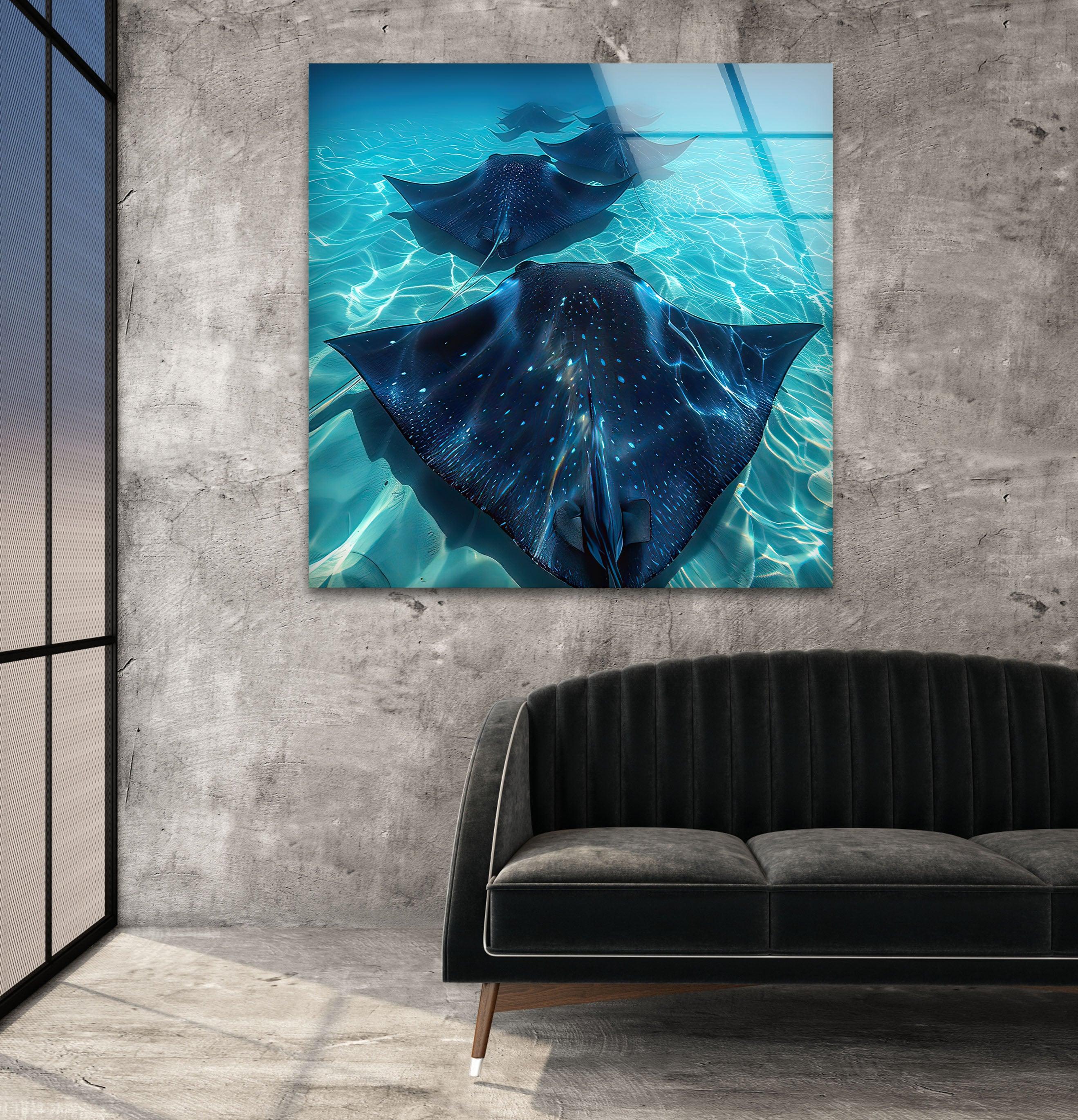 Blue Manta Ray Glass Wall Art - Handcrafted Ocean Themed Decor for Living Room, Bedroom & Office - Perfect Coastal Home Decor Gift