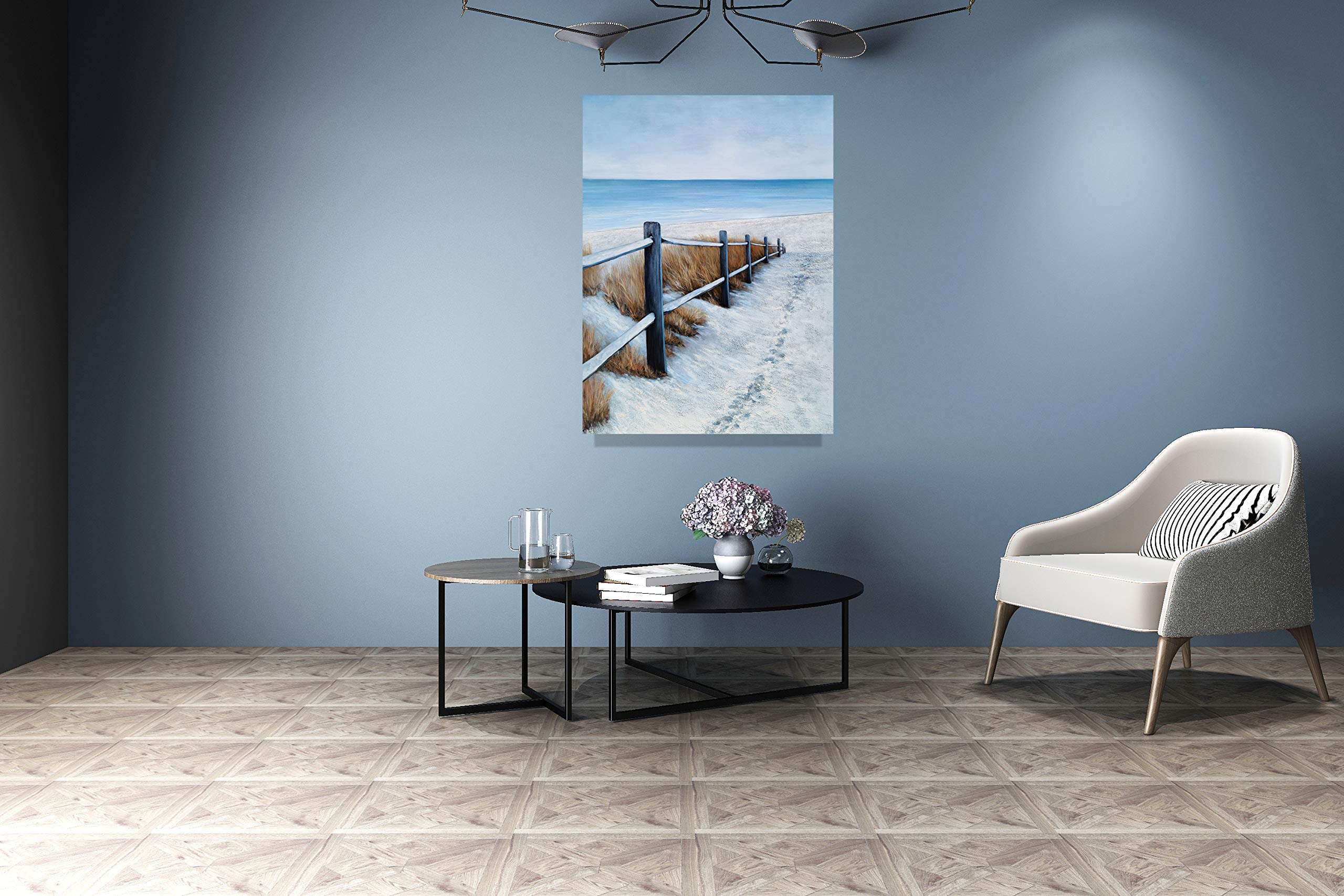 Hand Painted Blue and White Abstract Coastal Canvas Wall Art - Modern Nautical Beach Painting with Fence for Living Room, Bedroom & Bathroom Decor | Perfect for Coastal, Beach House or Ocean Theme Home Styling