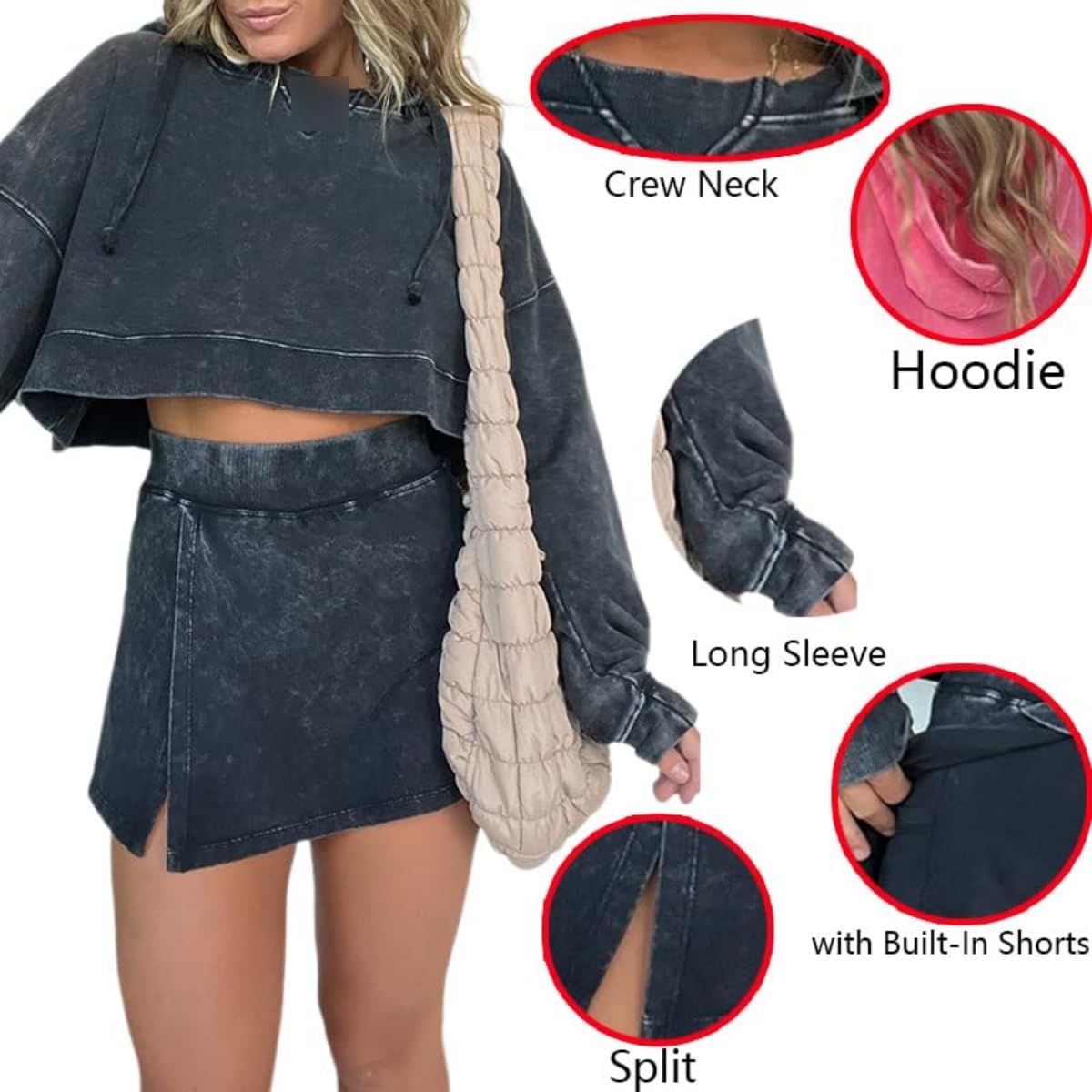 2024 New Women's Lounge Washed Hoodie Skirt Set - Pink Laura Long Sleeve Skort Outfit, 2 Piece Comfortable Casual Wear for Home, Travel & Yoga