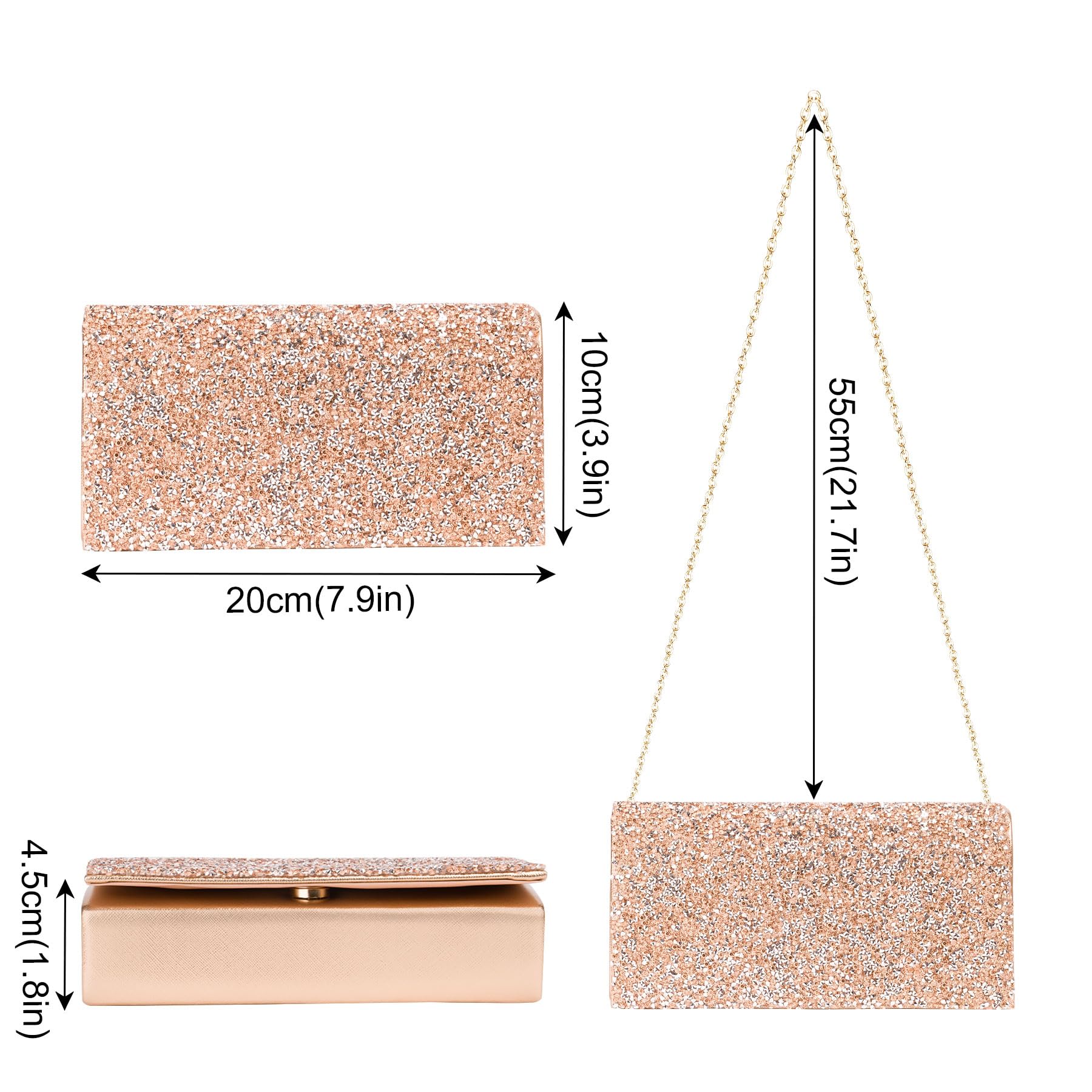 Larcenciel Women's Evening Handbag - Bling Rhinestone Purse with Chain, Rose Gold Envelope Clutch Bag for Prom, Wedding, Cocktail Party | Formal Shoulder Crossbody Bag | Perfect for Date Night, Bachelor Party & Special Occasions | Size: 7.9x3.9x1.8 Inches