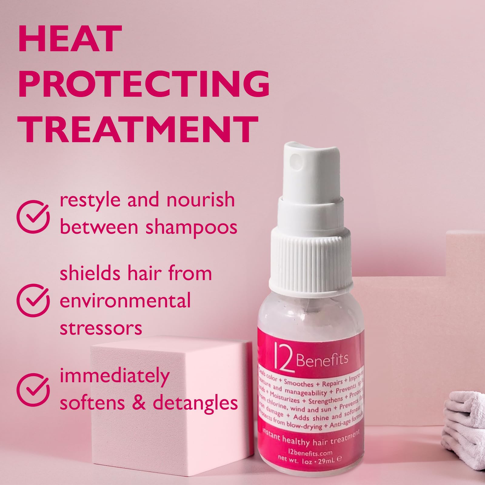 12 Benefits Instant Healthy Hair Treatment Spray - Travel Size Leave-In Conditioner with Quaternium 39 & Silk Protein - Frizz Control, Hair Strengthener & Repair for Damaged Hair (1 Fl Oz) - Perfect for On-The-Go Hydration, Daily Styling & Post-Workout Hair Care