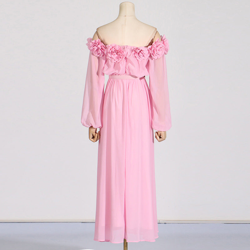 Ascella Floral Shoulder Maxi Dress in Pink - Elegant Summer Beach Wedding Party Dress for Women