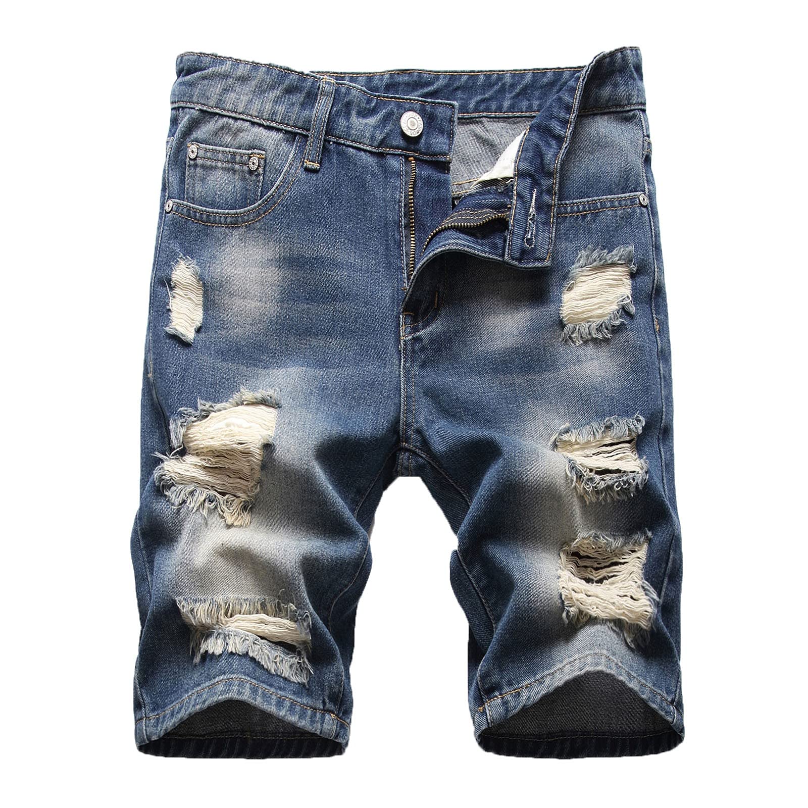 QWENTMTNTY Men's Ripped Distressed Denim Shorts - Loose Fit Retro Patchwork Bermuda Shorts with Stretch for Summer | Casual Wear, Beach Outings & Street Style