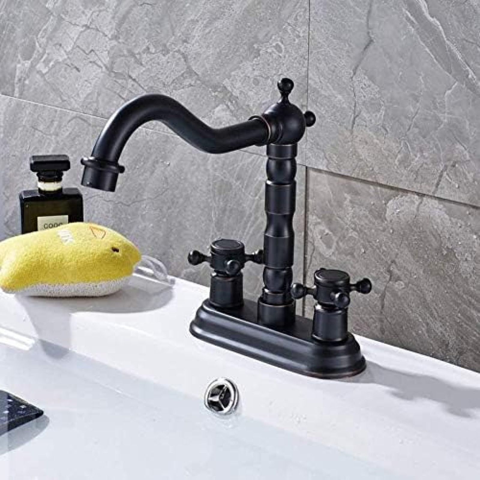 CRJUS Deck Mounted Double Handle Bathroom Faucet - 2 Hole Brass Swivel Spout Basin Sink Mixer Tap for Vanity & Powder Room | Durable Kitchen & Bath Fixture with Long Spout Design