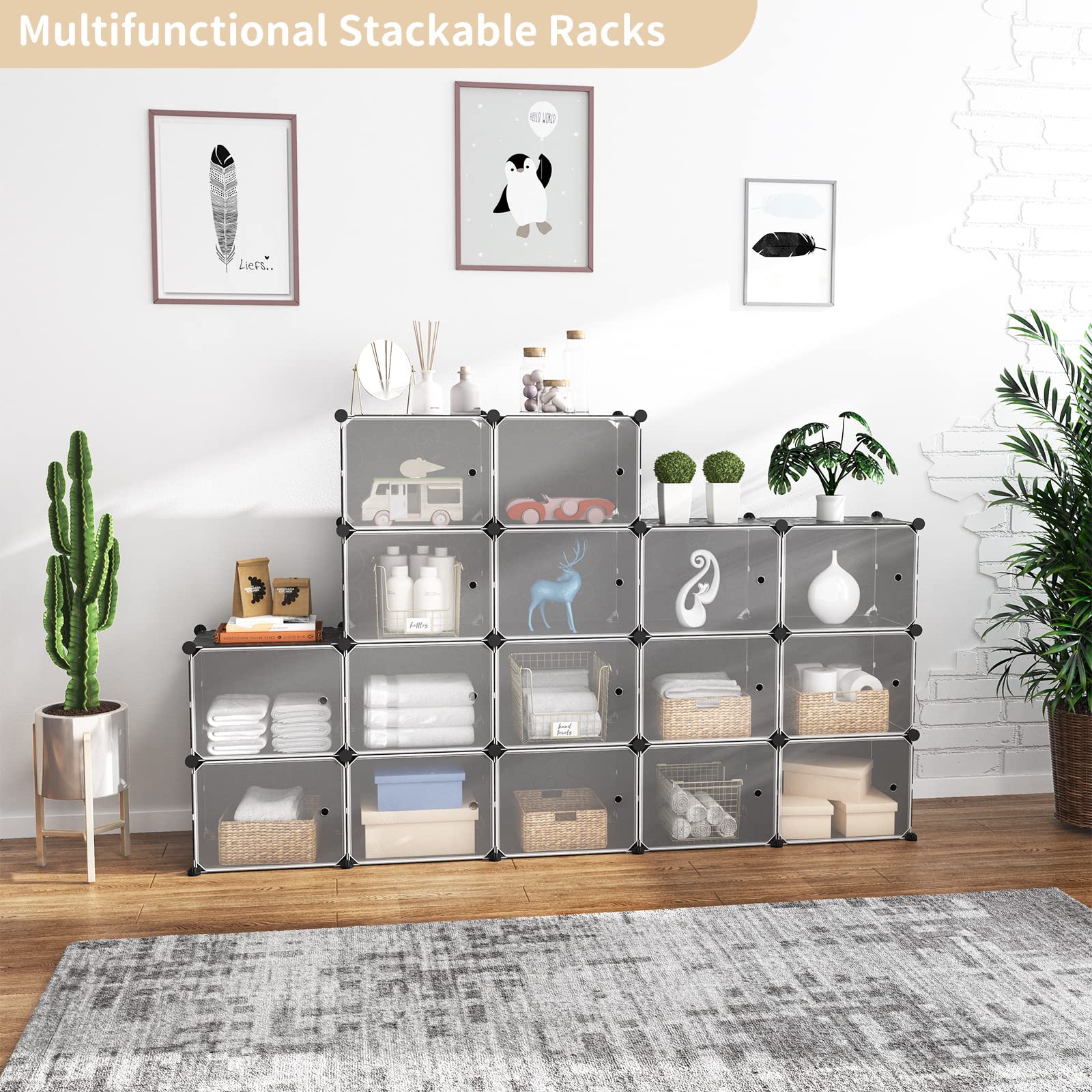Portable Shoe Rack Organizer with Door - 96 Pairs Adjustable Stackable Shoe Storage Cabinet - Easy Assembly Plastic Free Standing Shelf for Closet, Entryway, Bedroom - DIY Expandable 12 Tier Black Shoe Organizer