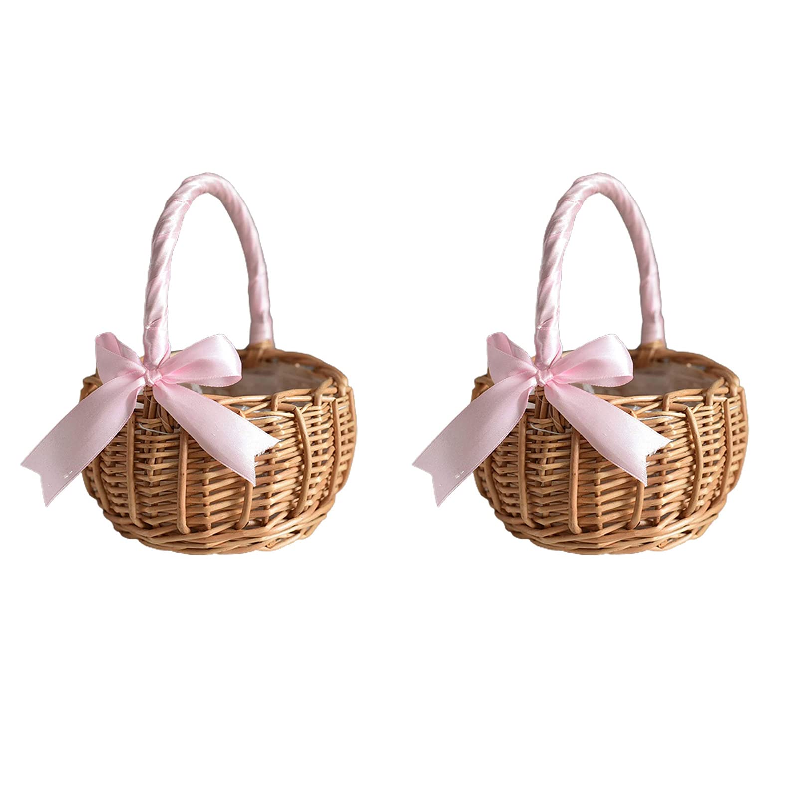 2 PCS Hand-Woven Rattan Flower Baskets with Handles & Ribbon for Wedding, Easter Party Decor