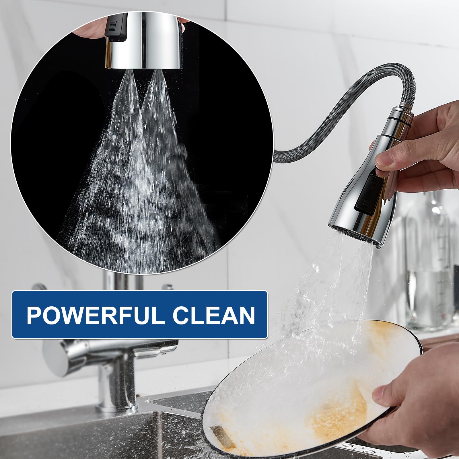 QAOYEDE 3-Function Pull Down Kitchen Faucet Spray Head Replacement - Stream, Spray & Dual Waterfall Modes, Chrome Finish - Perfect for Washing Dishes, Filling Pots & Cleaning Sinks