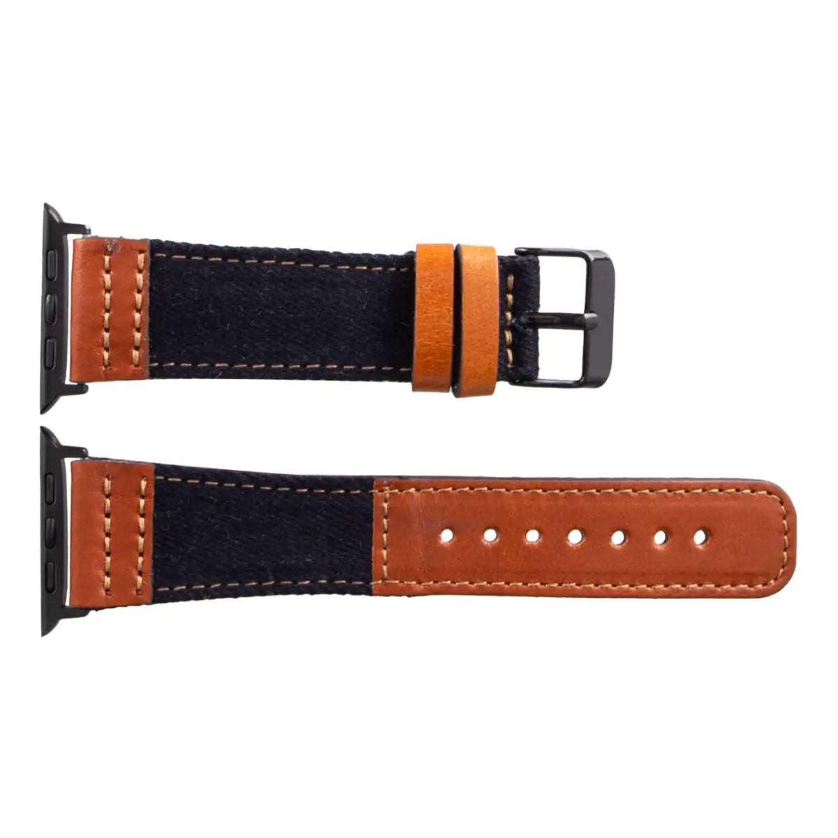 Premium Black Denim & Genuine Brown Leather Apple Watch Band - Stylish & Durable Replacement Strap for Workout, Office & Casual Wear