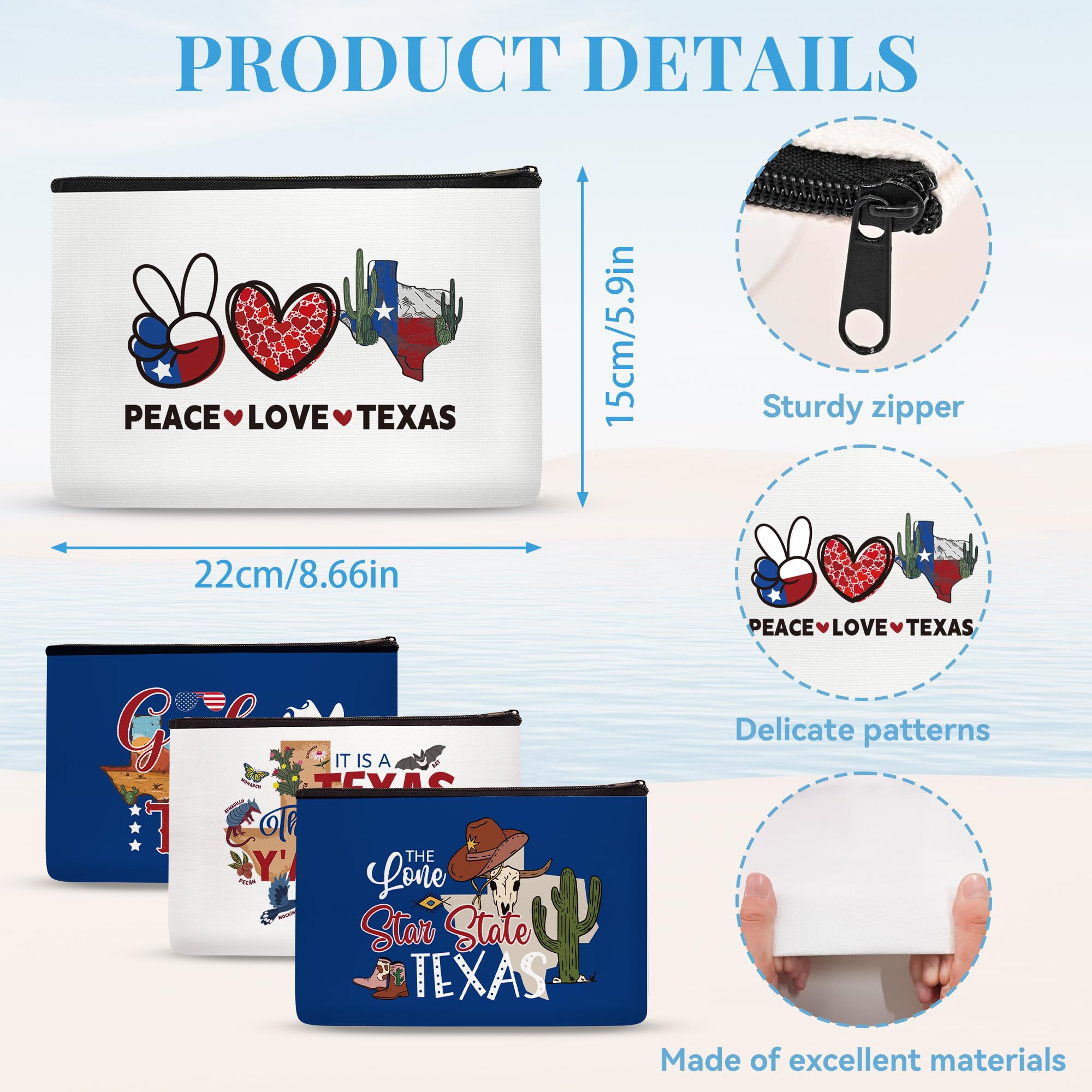 4pcs Texas-Themed Makeup Bags for Women - Waterproof Cosmetic Travel Organizer Zipper Pouch (Perfect for Vacation, Birthday Gifts, Christmas Party Favors & Sister Presents) - Great for Travel, Daily Use & Texas Souvenir Collectors