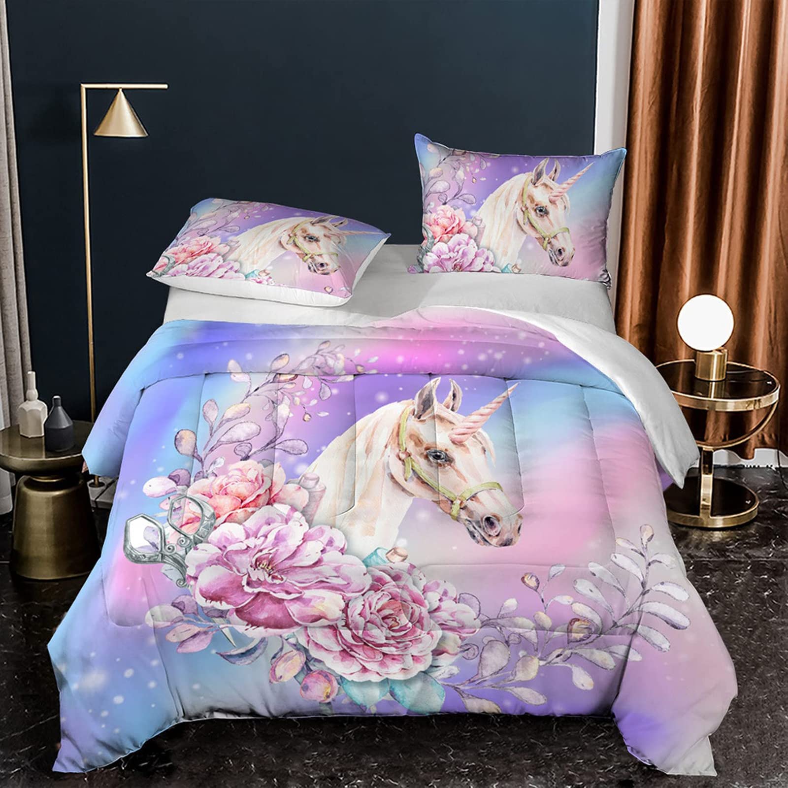 Unicorn Comforter Set for Girls - Twin Size Floral Bedding with 1 Comforter & 1 Pillow Sham | Soft Kids Bedroom Decor for Toddler & Teen Girls | Perfect for Birthday Gifts & Nursery Room Decor