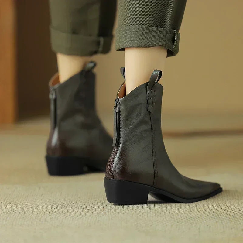 **Genuine Leather Western Boots for Women - Pointed Toe Chunky Heel Chelsea Ankle Boots, Retro Style for Autumn & Winter | Perfect for Cowgirl Fashion, Country Rides & Casual Outfits**