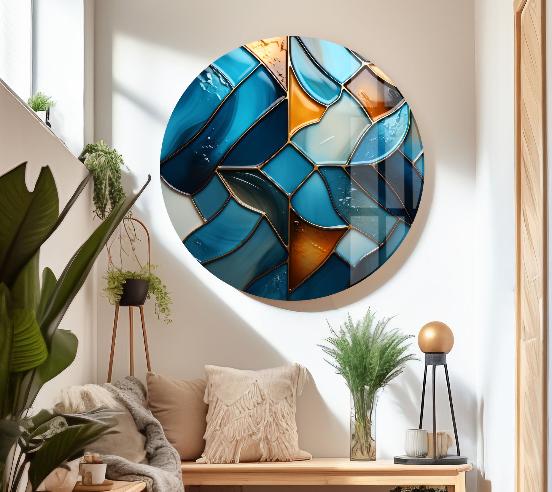 Blue Stained Glass Wall Art - Abstract Mosaic Glass Print Decor for Living Room, Bedroom & Office | Handmade Modern Home Decor