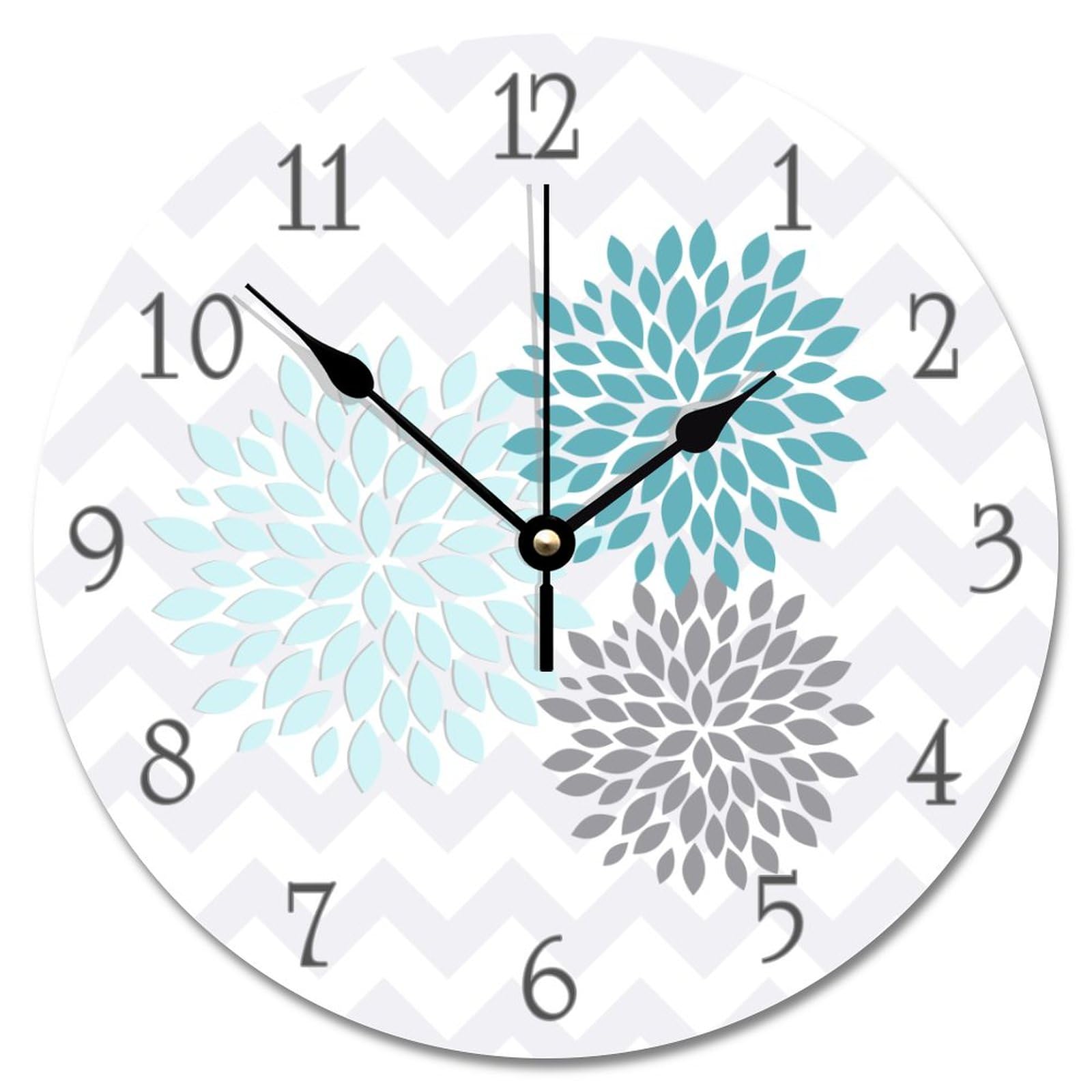ArogGeld Silent Non-Ticking Wooden Wall Clock - Teal, Aqua & Grey Dahlia Flower Design | Battery Operated, Easy to Read | Perfect for Nursery, Kids Room, Office & Home Decor | Ideal Housewarming Gift