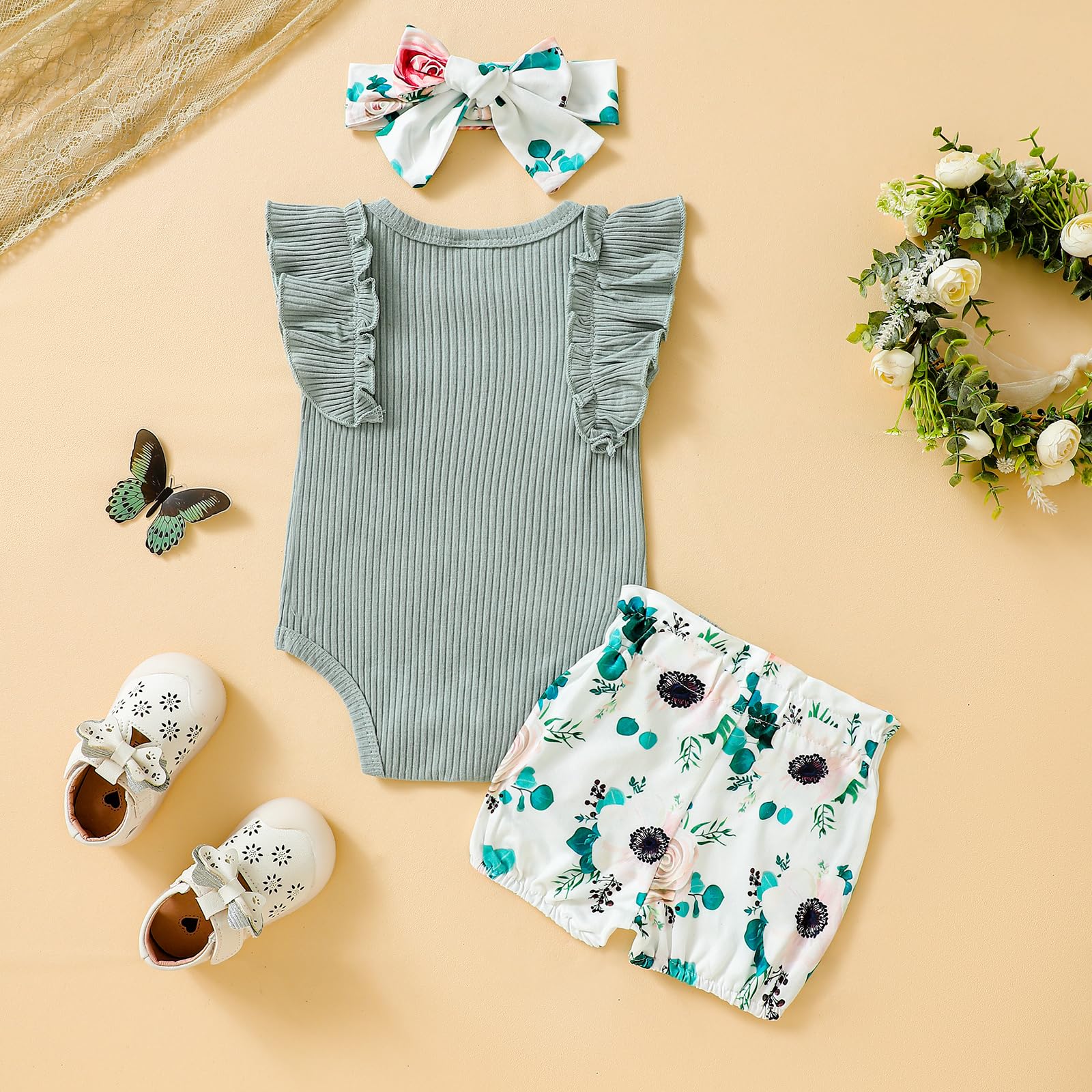 Adorable Baby Girl Outfits - Ribbed Romper & Floral Shorts Set for Newborns | Perfect for Summer, Playdates & Photo Shoots
