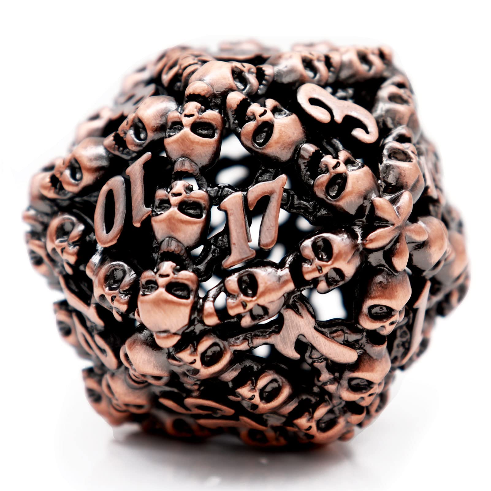 Haxtec 40mm Oversized Metal Hollow D20 Dice Set - Large Skull Design 20-Sided Polyhedral RPG Dice for DND, Dungeons & Dragons, Pathfinder - Includes PU Leather Dice Bag - Perfect for Tabletop Gaming, RPG Enthusiasts & Unique Gift (Antique Copper)