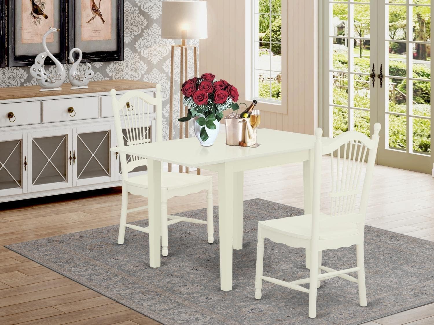 East West Furniture NDDO3-LWH-W 3-Piece White Linen Dining Set with Drop-Leaf Table (30x48 Inch) & 2 Chairs – Perfect for Small Kitchens, Breakfast Nooks & Cozy Apartments